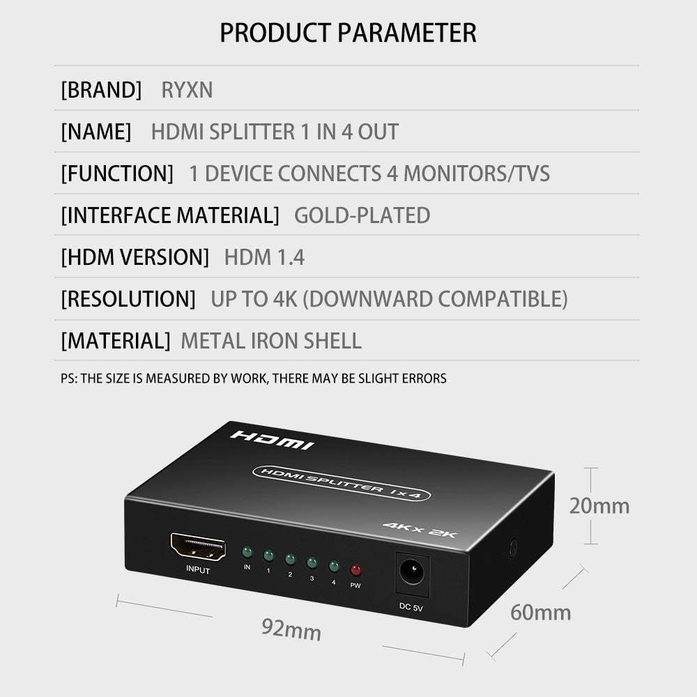HDMI Splitter 1x4 - Supports 4K@60Hz, Full HD 1080P & 3D, Compatible with Xbox, PS3/4, Roku, and Blu-Ray Players