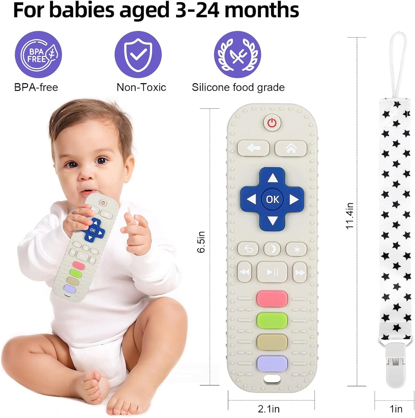 Silicone Baby Teether Toy in TV Remote Control Design - Teething Relief for Infants 3+ Months (White)