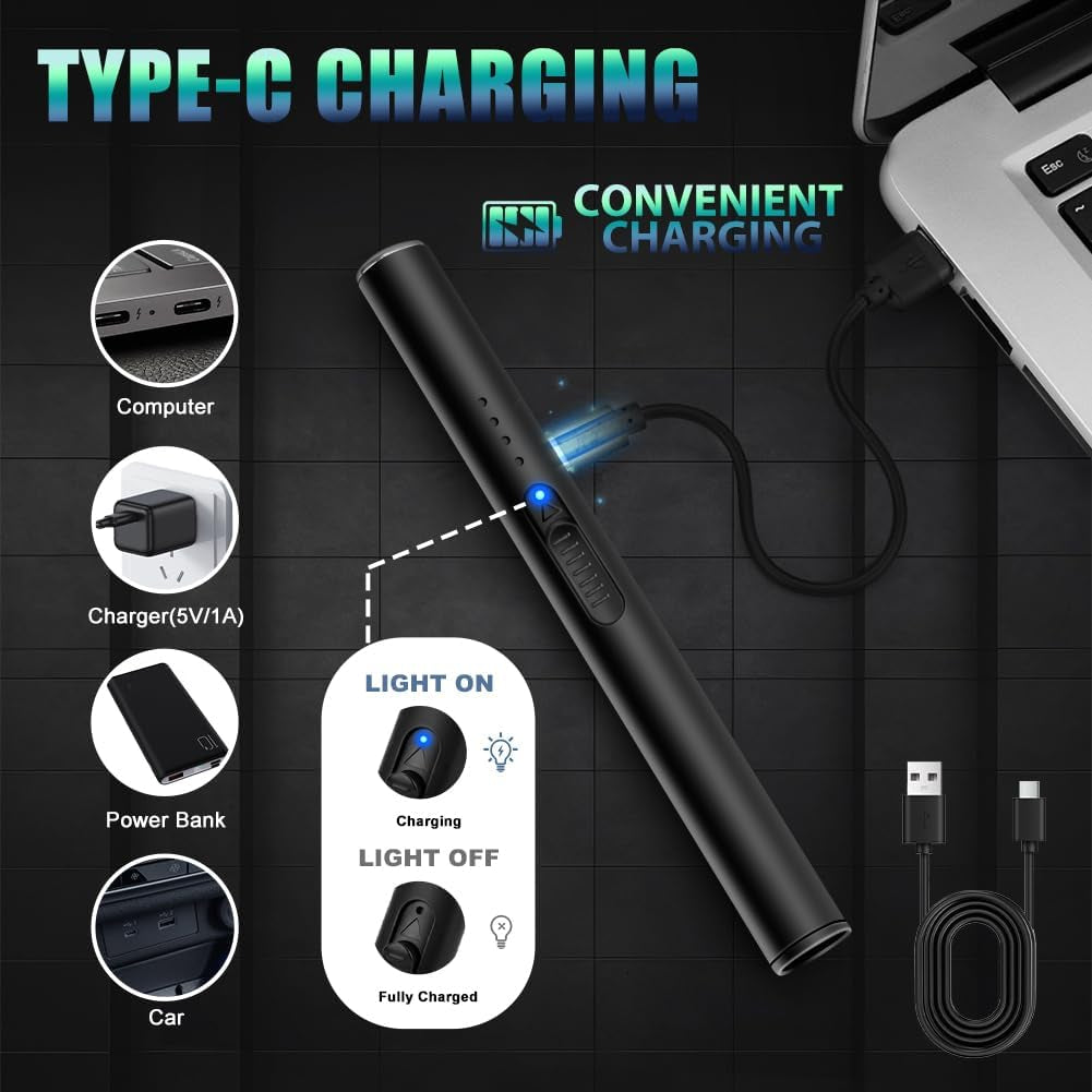 Electric Candle and BBQ Lighter - USB-C Rechargeable Flameless Plasma Arc Lighter, Windproof Electronic Lighter for Candles and Fireworks (Black)