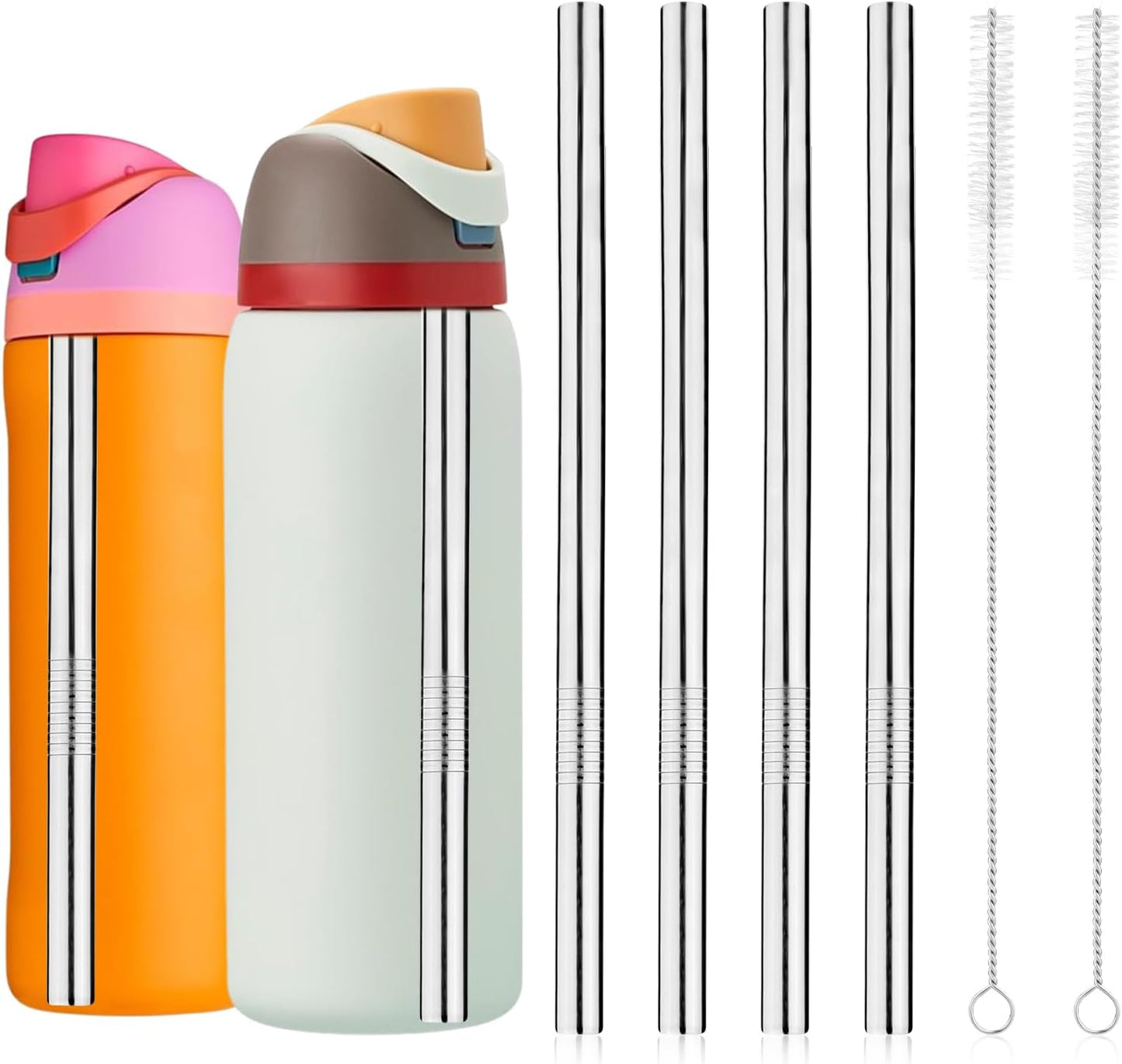 4-Pack Stainless Steel Straw Set - Water Bottles, Includes 2 Cleaning Brushes, Compatible- 24 oz, 32 oz Models