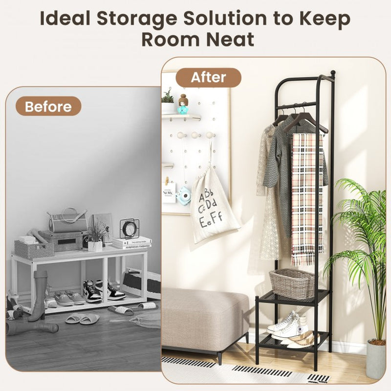 Corner Coat Rack with Top Hanger and Dual Mesh Shelves for Entryway, Hallway, Living Room, and Bedroom