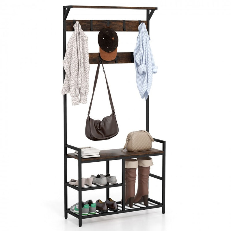 71-Inch Freestanding Hall Tree with Shoe Bench and Nine Removable Hooks