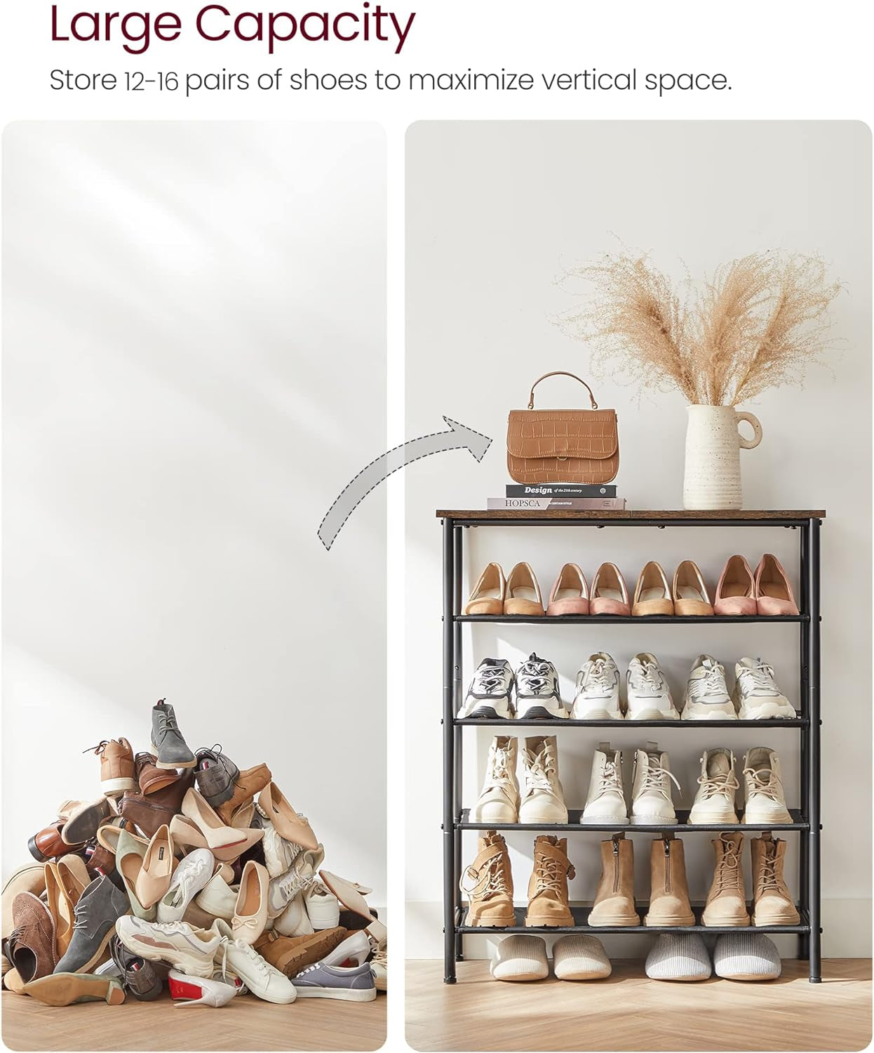 5-Tier Shoe Storage Rack for 15-18 Pairs, Narrow Organizer for Closet and Entryway, Rustic Brown and Black Design