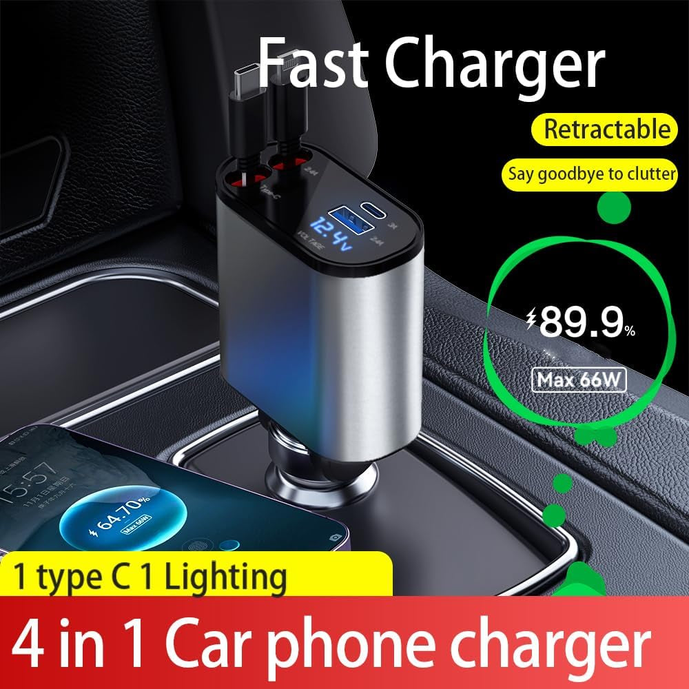 4-in-1 Fast Car Phone Charger, 60W USB Charger - Retractable Cables, Compatible with iPhone 15/14/13/12/11 and Galaxy Devices