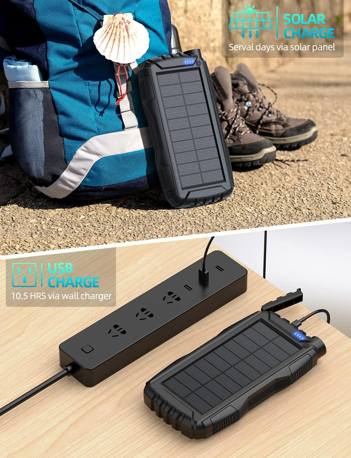 Solar Power Bank - 42,800mAh Portable Charger, External Battery Pack with 5V/3.1A QC 3.0 Fast Charging and Built-In Super Bright Flashlight (Black)