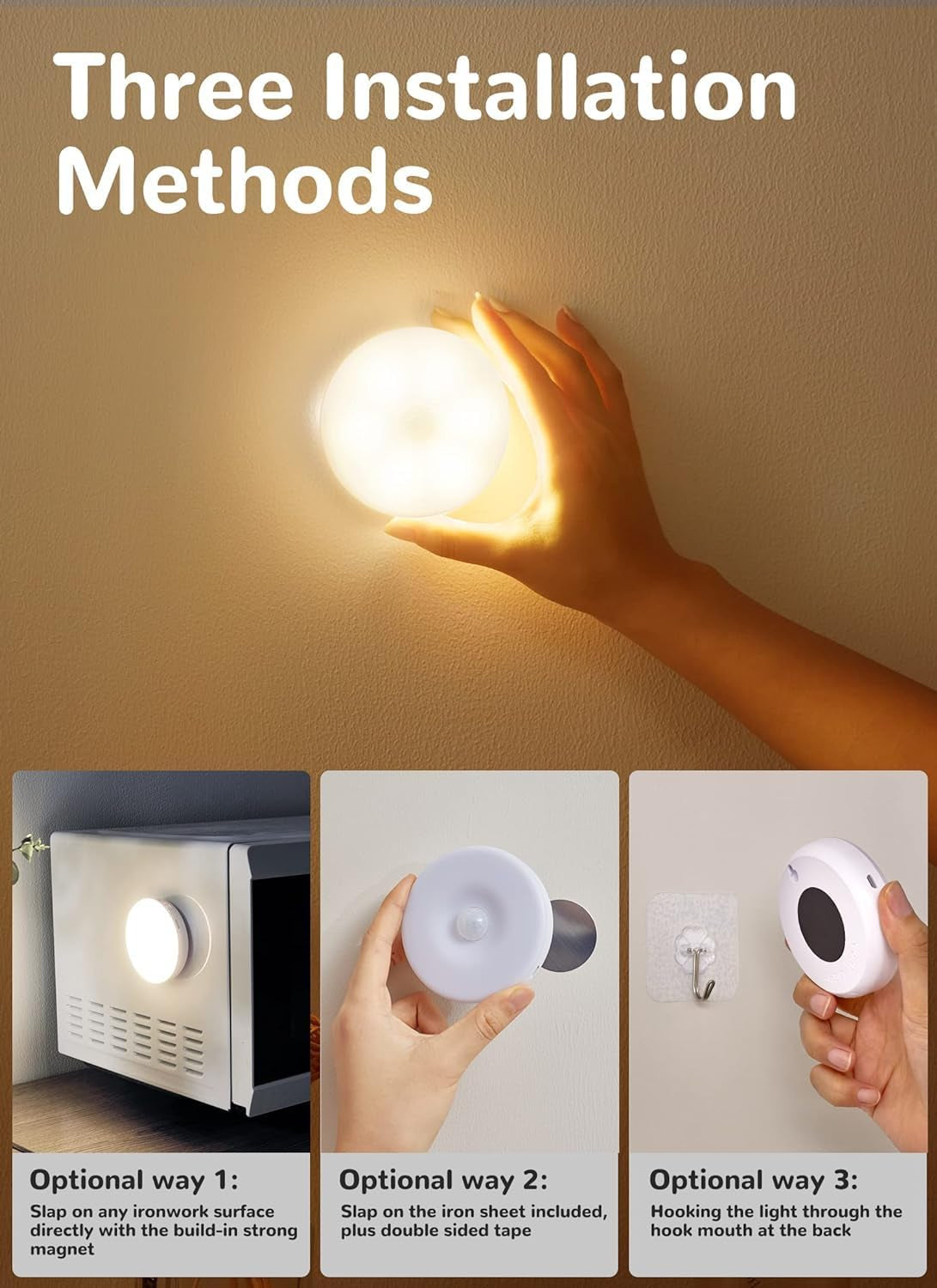 Motion Sensor Lights Indoor, 6 Packs under Cabinet Lighting Wireless Rechargeable, 12 LED Battery Operated Closet Lights, Magnetic Puck Night Lights for Kitchen Stair Wall, Warm/White