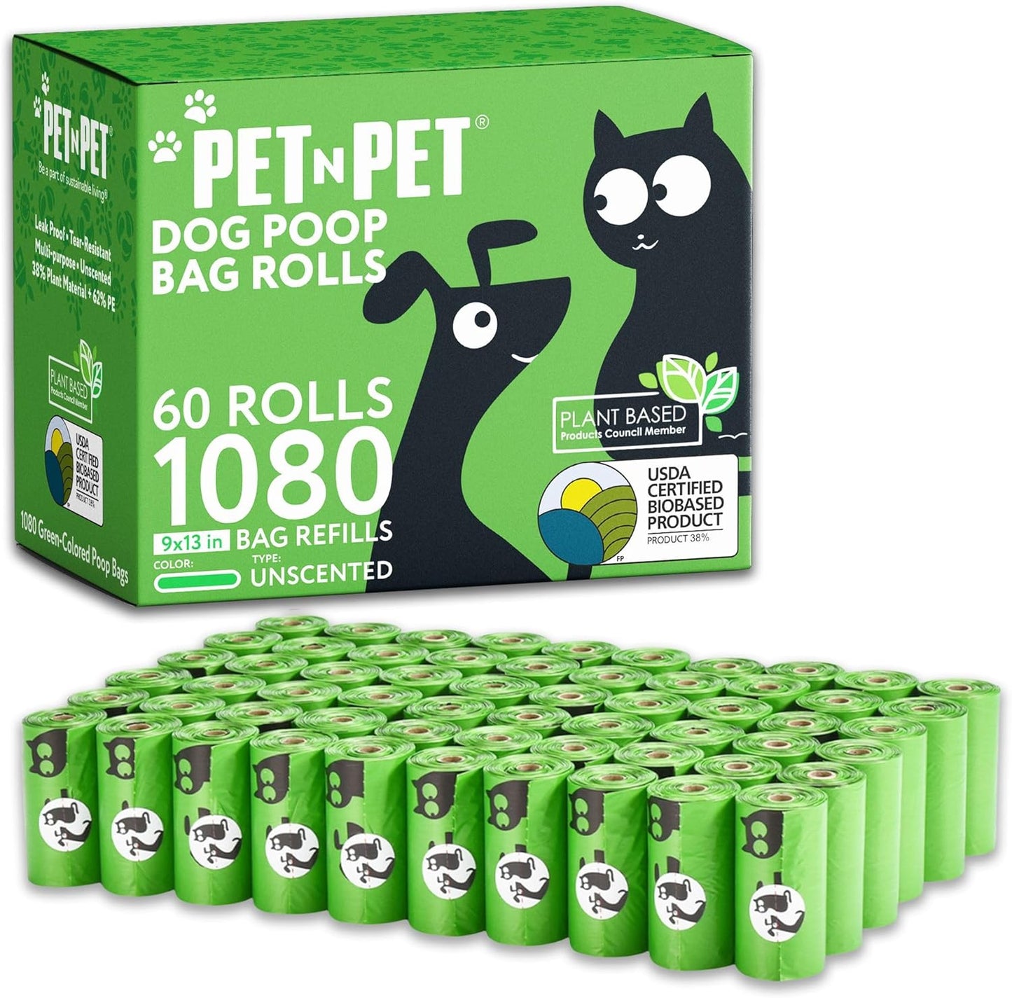 Pet Dog Waste Bags, USDA Certified 38% Plant-Based & 62% PE Leakproof, Durable, Eco-Friendly Dog Poop Bags