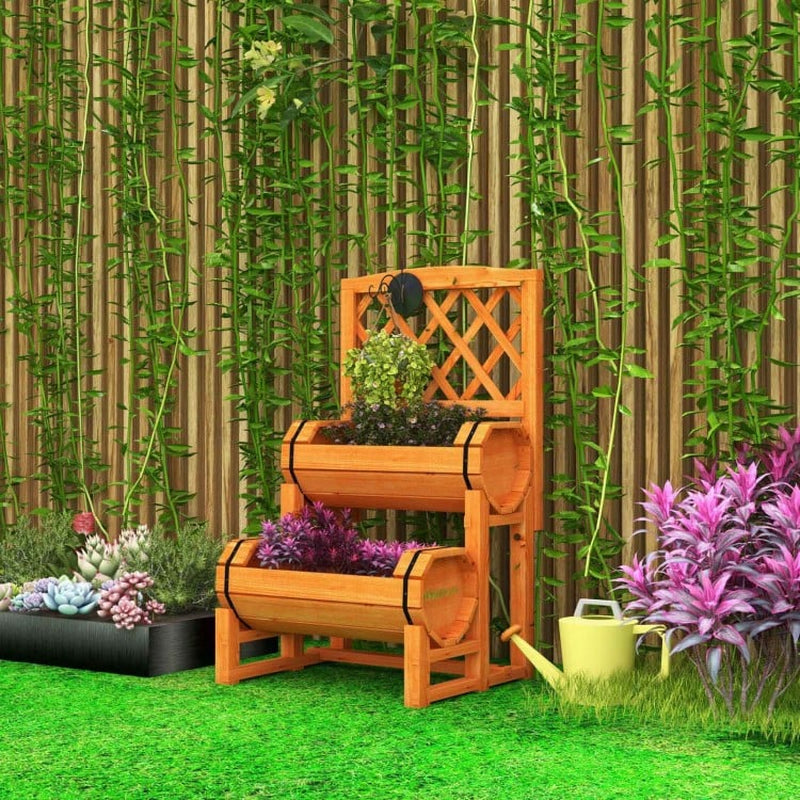 Two-Tier Raised Garden Bed with Dual Cylindrical Planter Boxes and Integrated Trellis