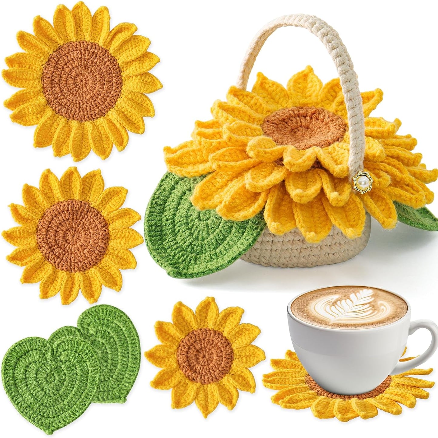 Beginner's Crochet Kit: 6-Piece Flower Potted Plant Coaster Set with Crochet Hook, Colorful Yarn, Stitch Marker, and Instruction Manual for Craft Enthusiasts