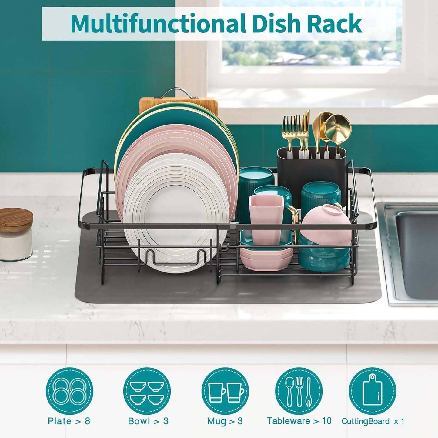 Adjustable Expandable Dish Drying Rack for Over-the-Sink Use, Rustproof Kitchen Dish Drainer with Utensil Holder