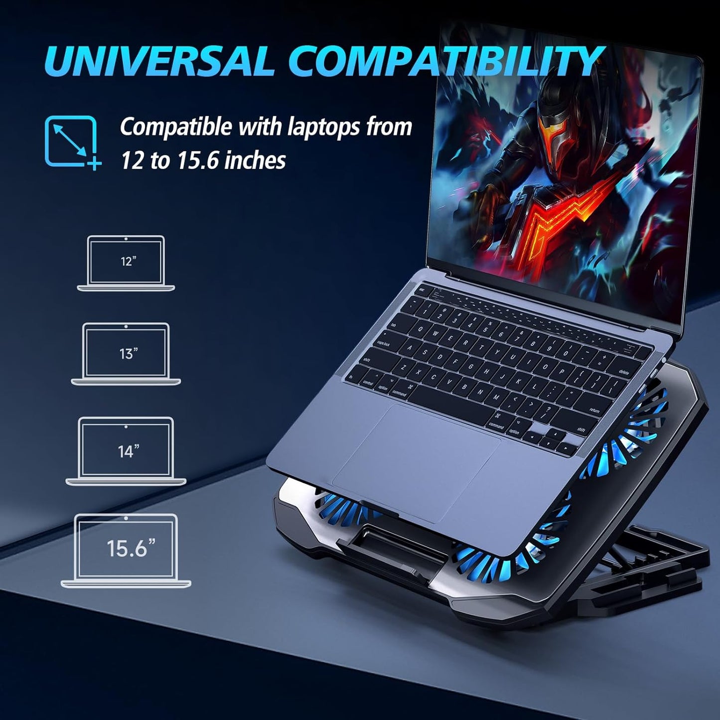 Laptop Cooling Pad for Gaming Laptops, Featuring 5 Quiet Fans, Adjustable Height, Dual USB Ports, and Integrated Phone Stand for 12-15.6 Inch Devices