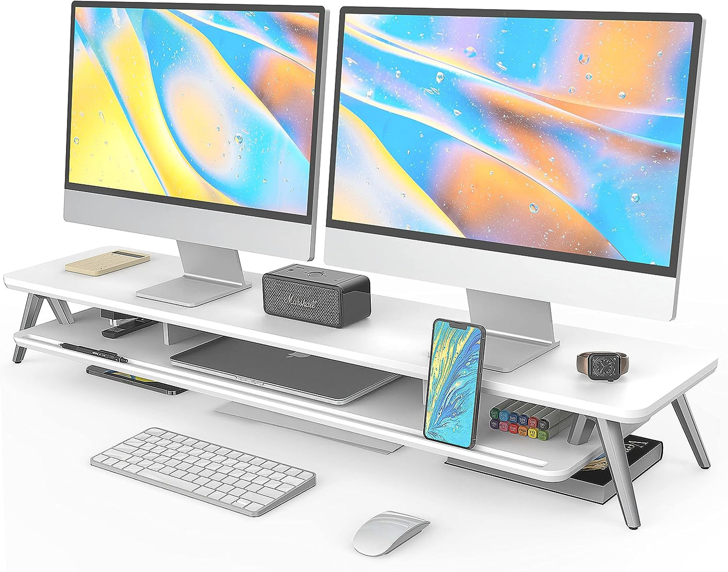 Dual Monitor Stand with Storage Organizer and Cable Management, 42.5-Inch Wooden Desk Shelf for Office Use (White)