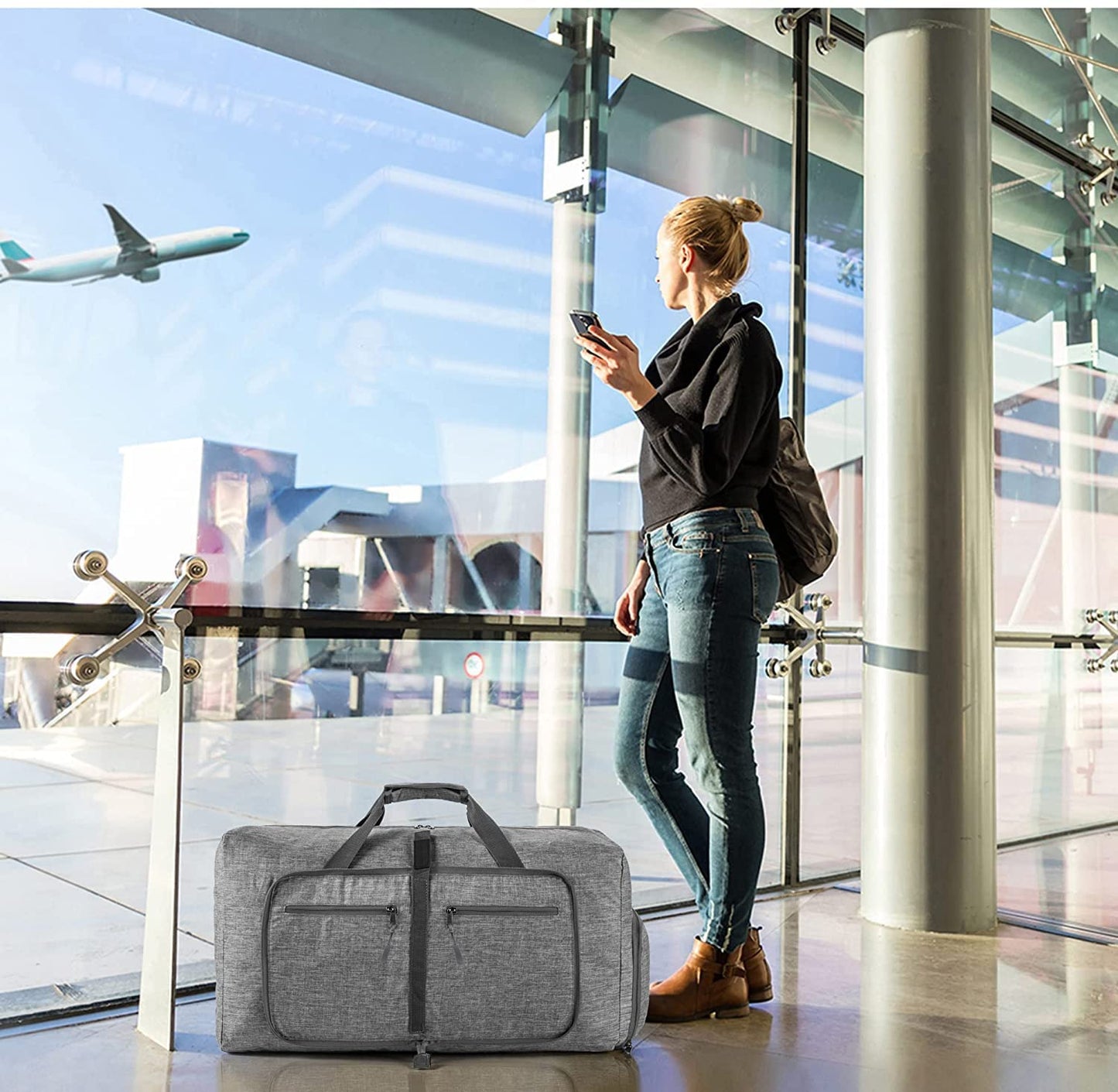 Men's Travel Duffle Bag with Shoe Compartment, Foldable Waterproof and Tear-Resistant Overnight Bag Available in 65L, 85L, and 115L