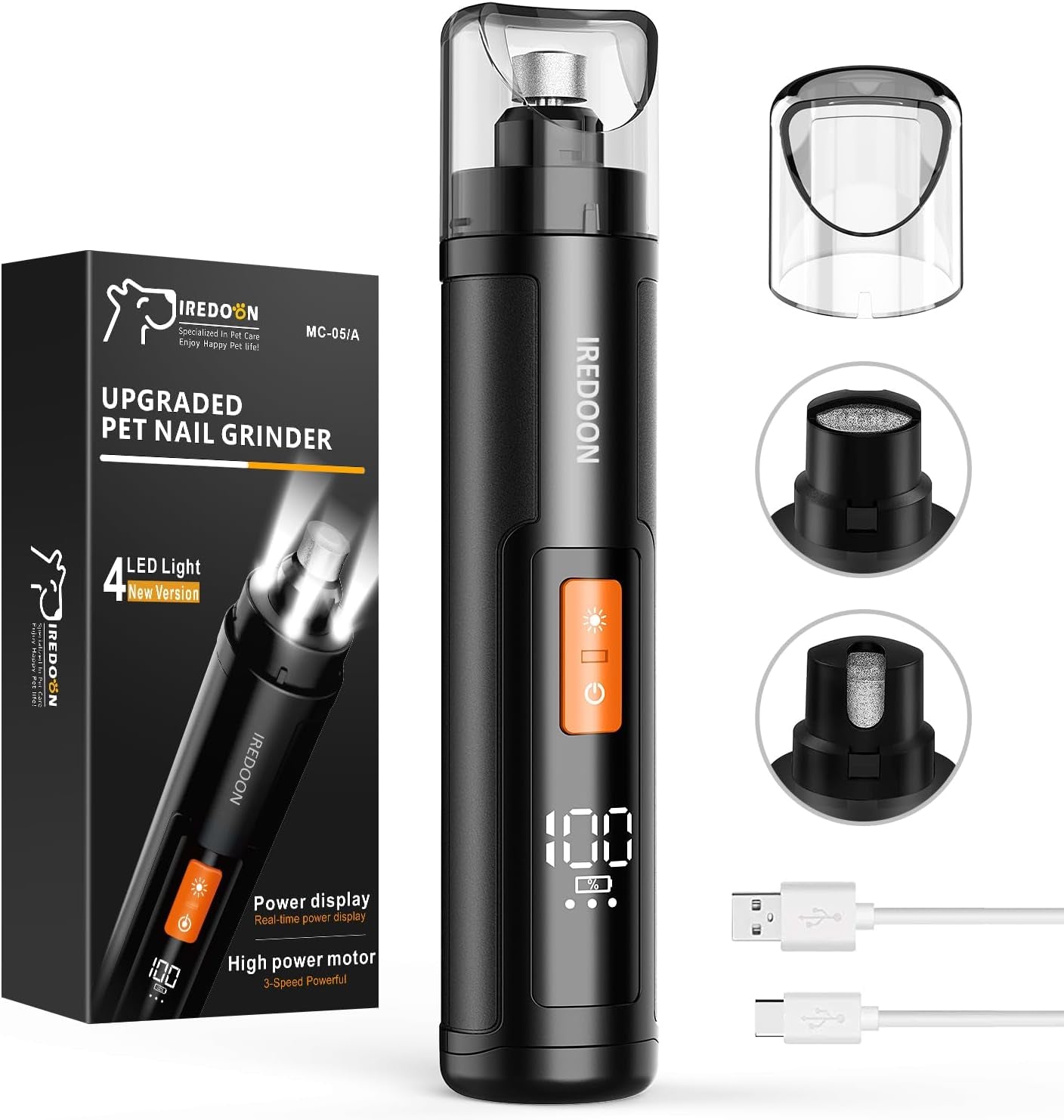 Dog Nail Grinder - 3-Speed Electric Pet Nail Tool - Low Vibration, Super Quiet Operation, 4 LED Lights, Small, Large Dogs (Black)