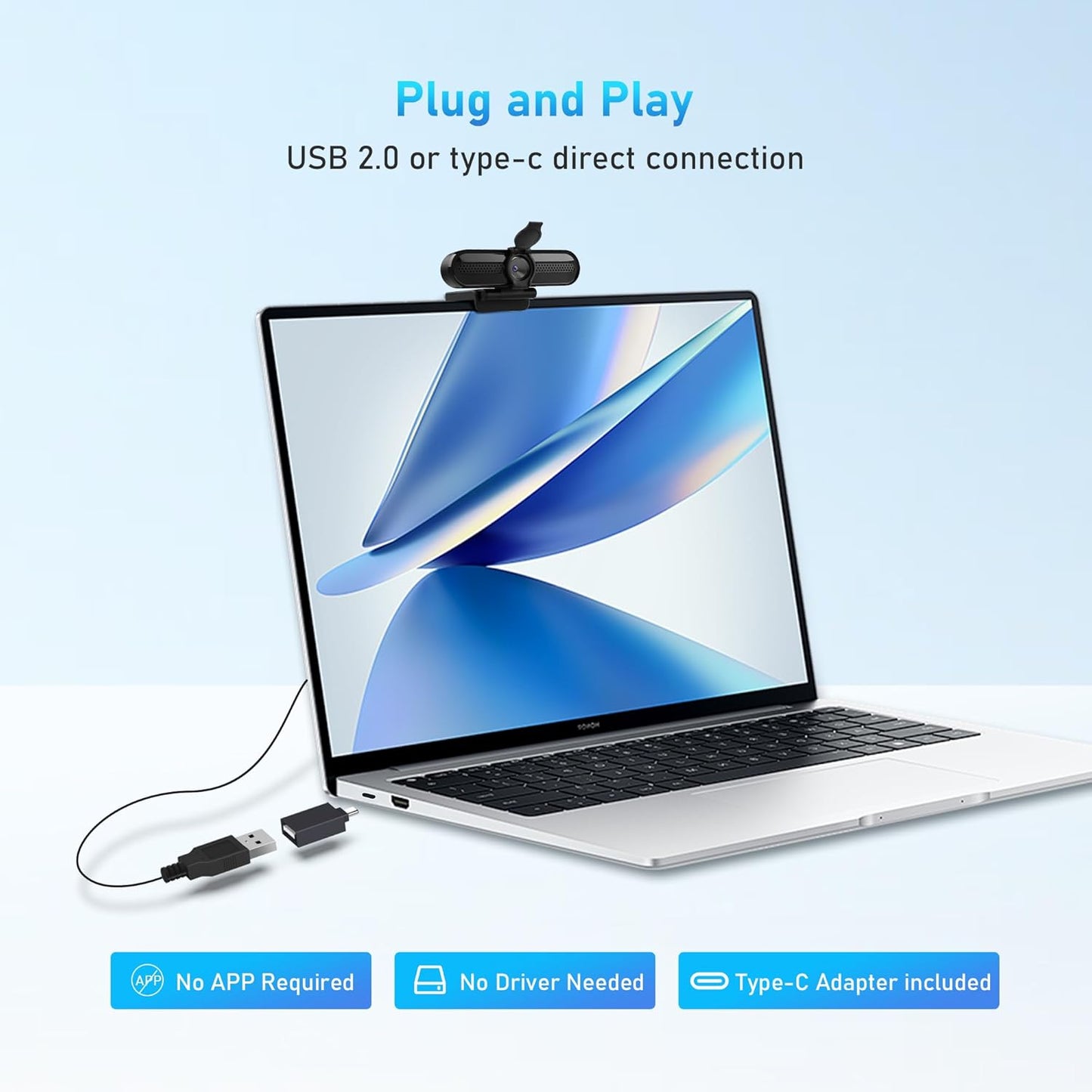 2K High-Definition Webcam with 30FPS Streaming, 1080P at 60FPS, Autofocus, Dual Noise-Cancelling Microphones, and Tripod