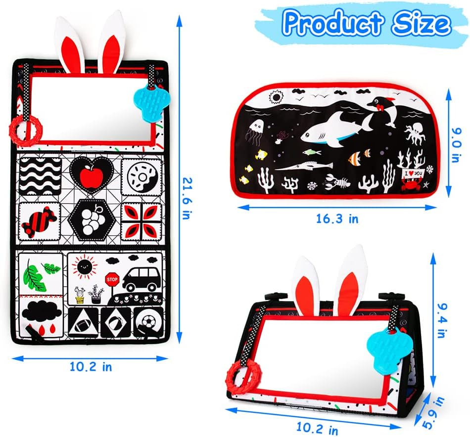 Tummy Time Mirror Toy Activity Circle Mat - High Contrast Black - White Developmental Play Set, Infants 0-6 Months, Sensory Textures, Squeaker Piano