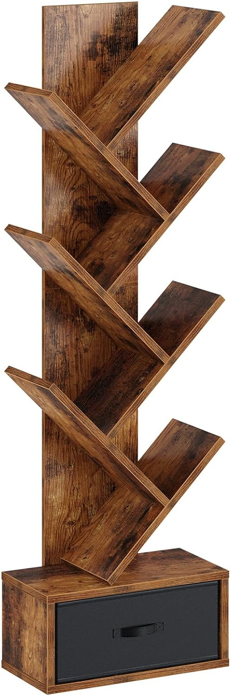 7-Tier Rustic Brown Bookshelf with Drawer, Wooden Storage Rack for CDs, Movies, and Books, Versatile Organizer