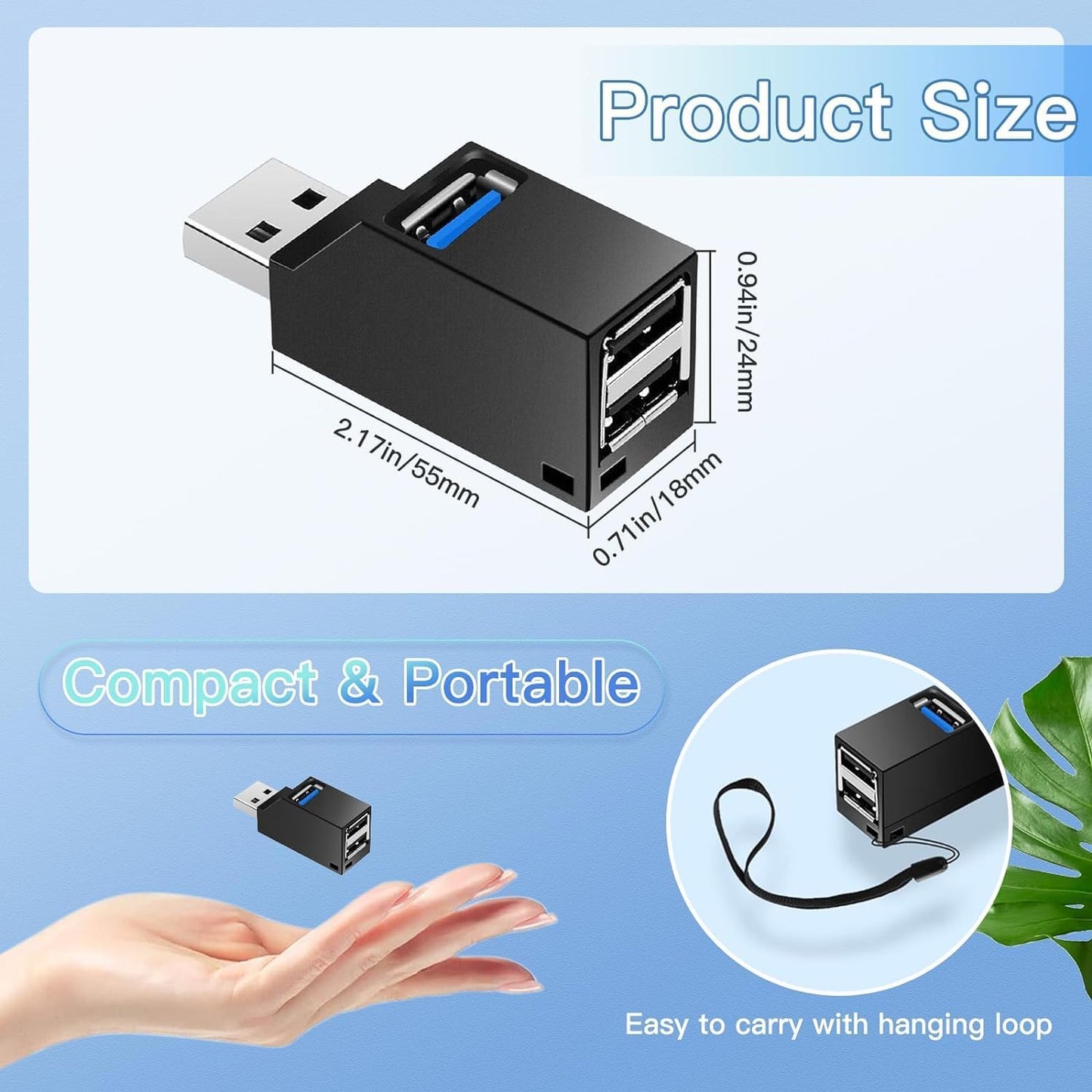 3-Port High-Speed USB Hub - Plug and Play Bus-Powered Splitter (Black)