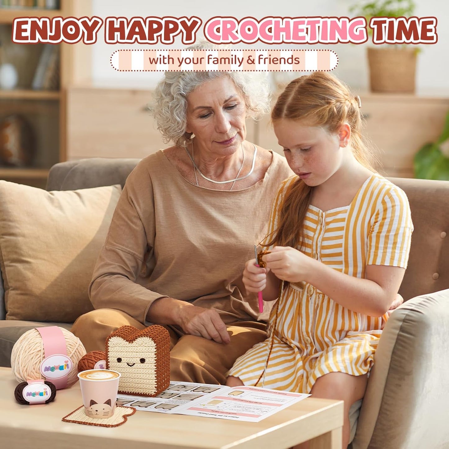 Beginner Crochet Kit Level 1: Toast Coaster with 40% Extra Pre-Started Easy Yarn and Step-by-Step Video Tutorials for Adults and Kids
