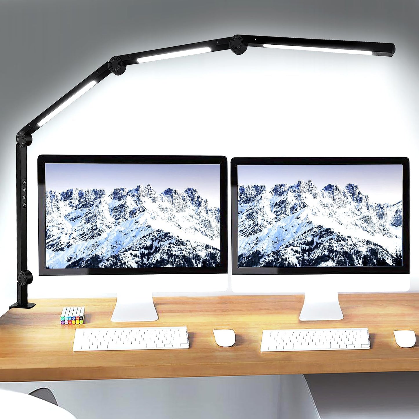 LED Desk Lamp with Clamp, Flexible 4-Section Swing Arm, Three Light Sources, 4 Color Modes, 5 Brightness Levels, Memory Function