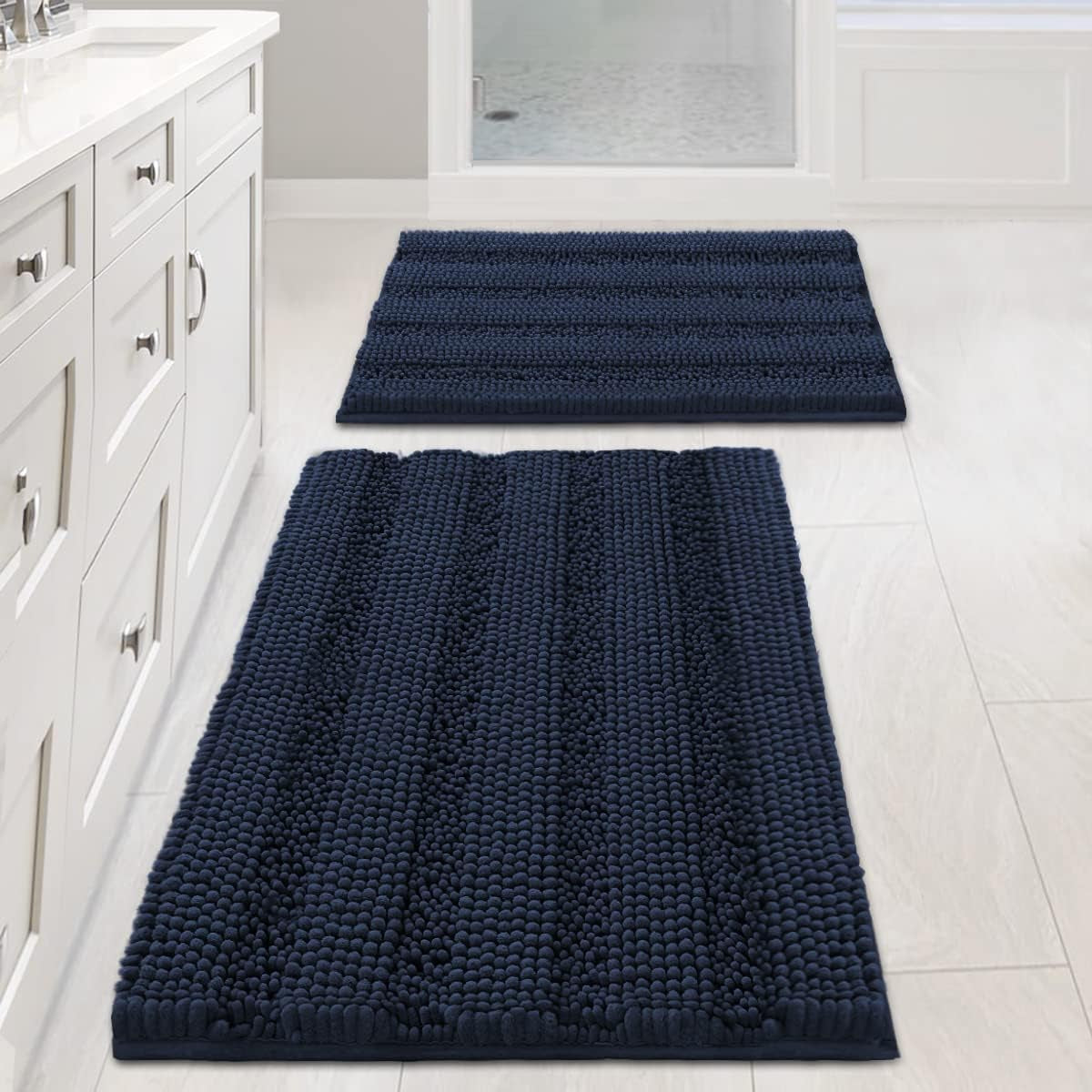 Set of 2 Striped Anti-Slip Bath Mats - Soft Plush Chenille Shaggy Floor Mats - Water Absorbent (Grey, 32 x 20 & 24 x 17 Inches)