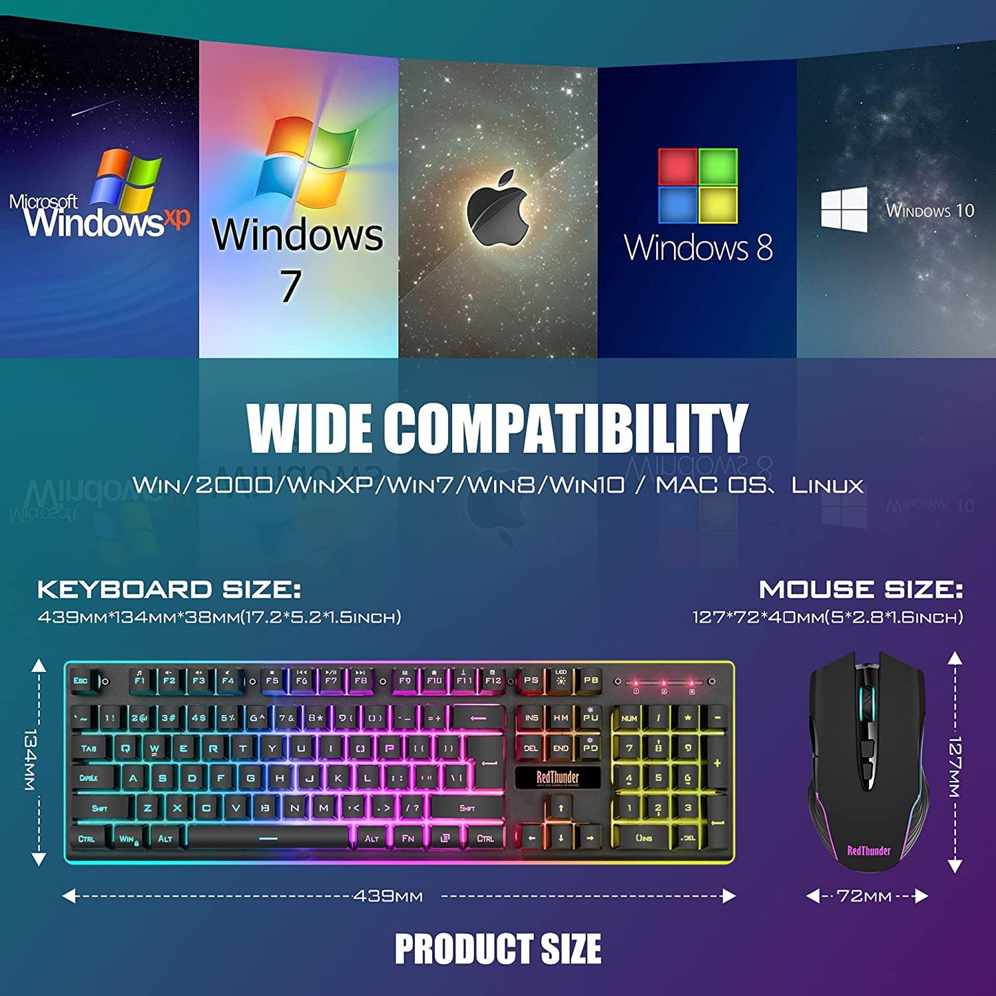 Wireless Gaming Keyboard and Mouse Set with LED Backlighting, Rechargeable 3800mAh Battery, Mechanical Feel (Black)