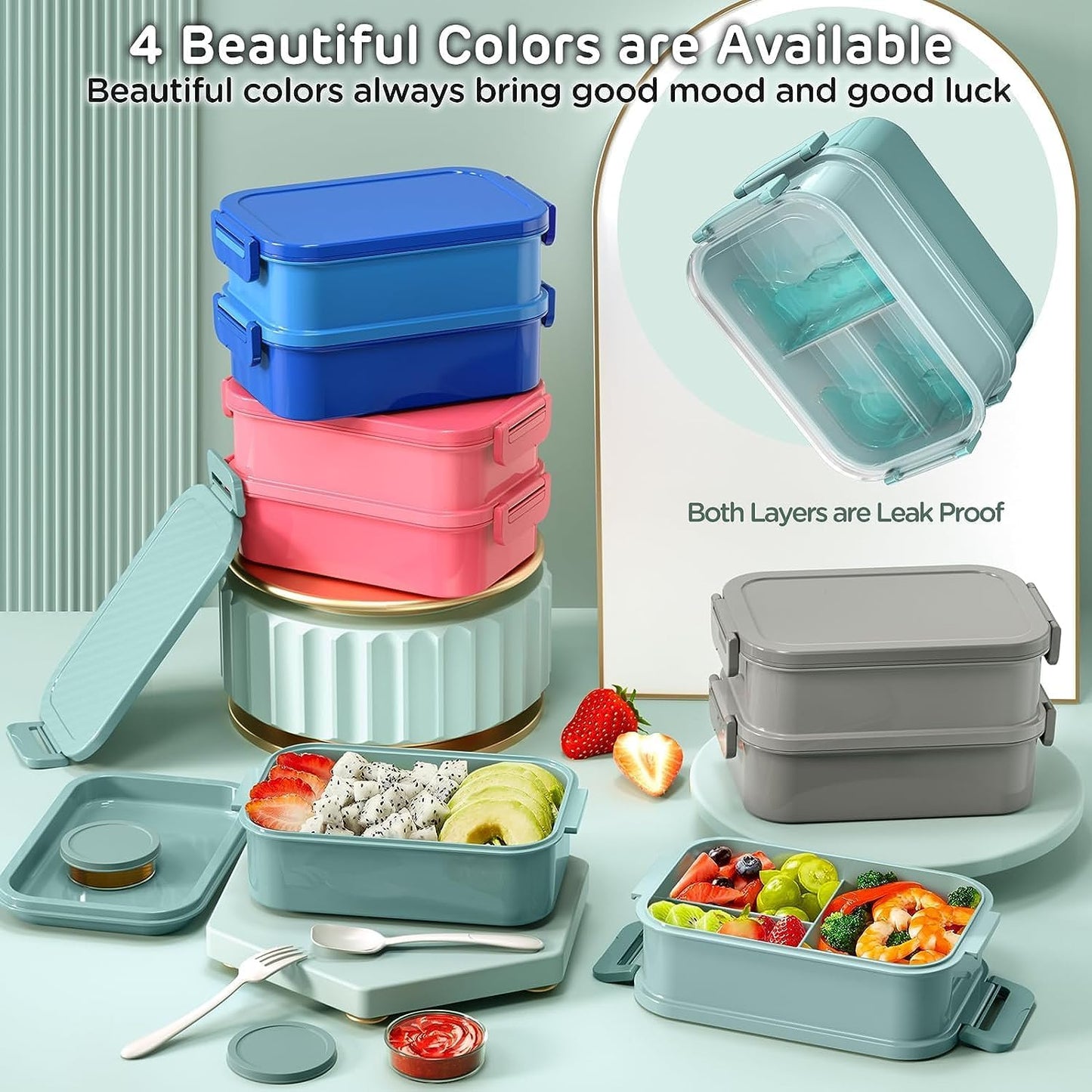 Box Lunch Container - 74 OZ Stackable Leakproof Lunch Box - Utensils and Sauce Containers for Work, School, and Dining Out (Green)
