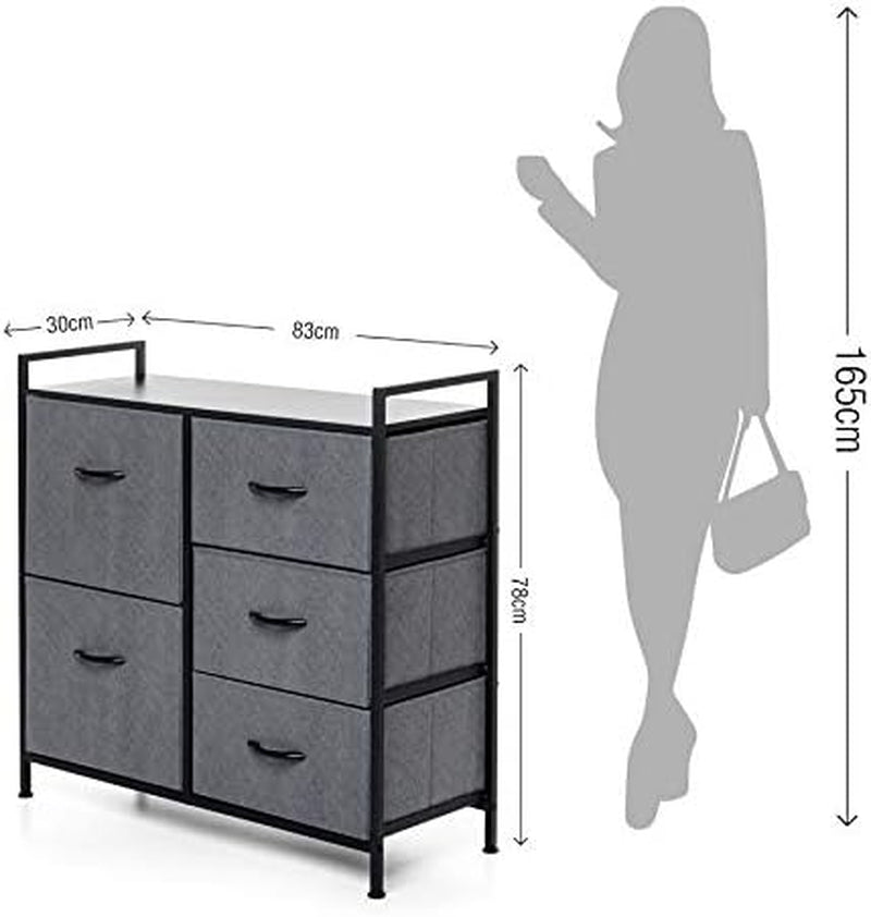 Fabric Dresser with 5 Drawers - Dresser for Bedroom - Wide Dresser Storage - Organizer Unit with Wood Top & Easy Pull Handle for TV Stand, Closet, Living Room, Nursery Room & Dorm - Dark Grey