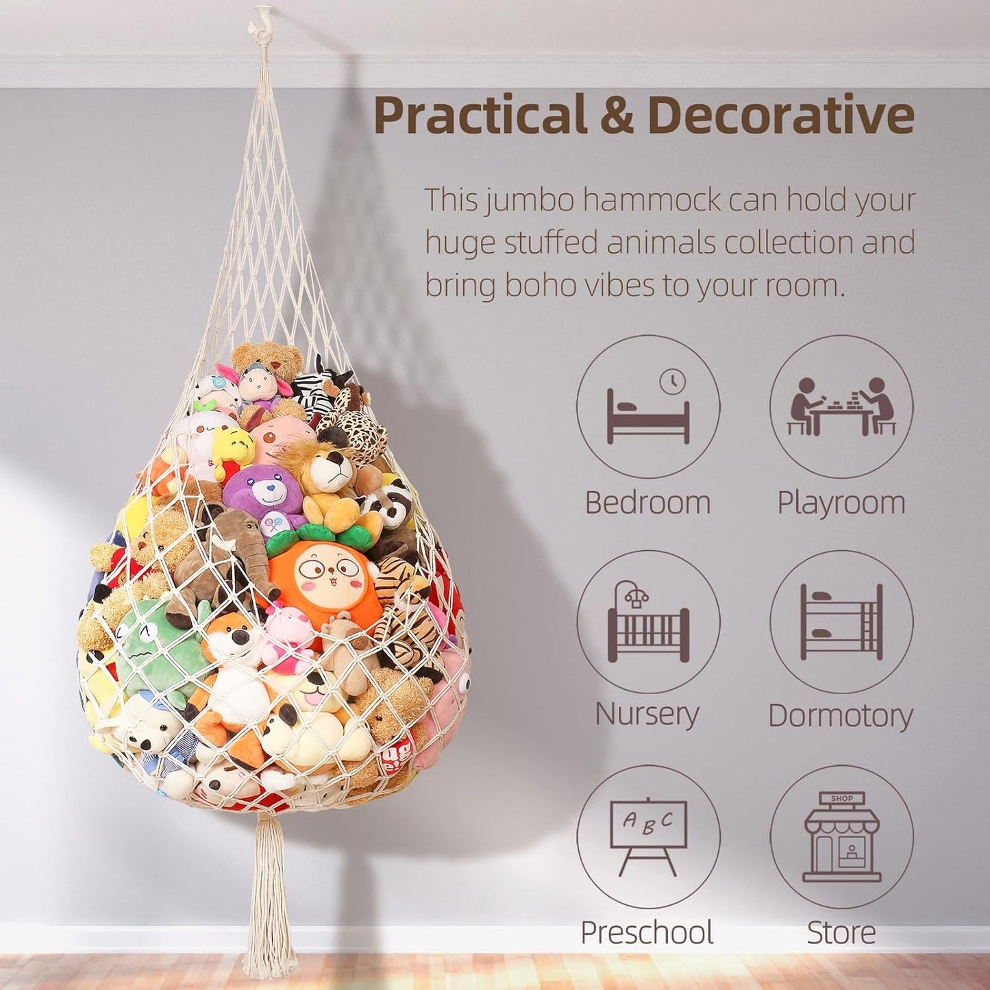 Ceiling-Mounted Stuffed Animal Storage Hammock - Plush Toy Organizer Net, Boho Decor Solution