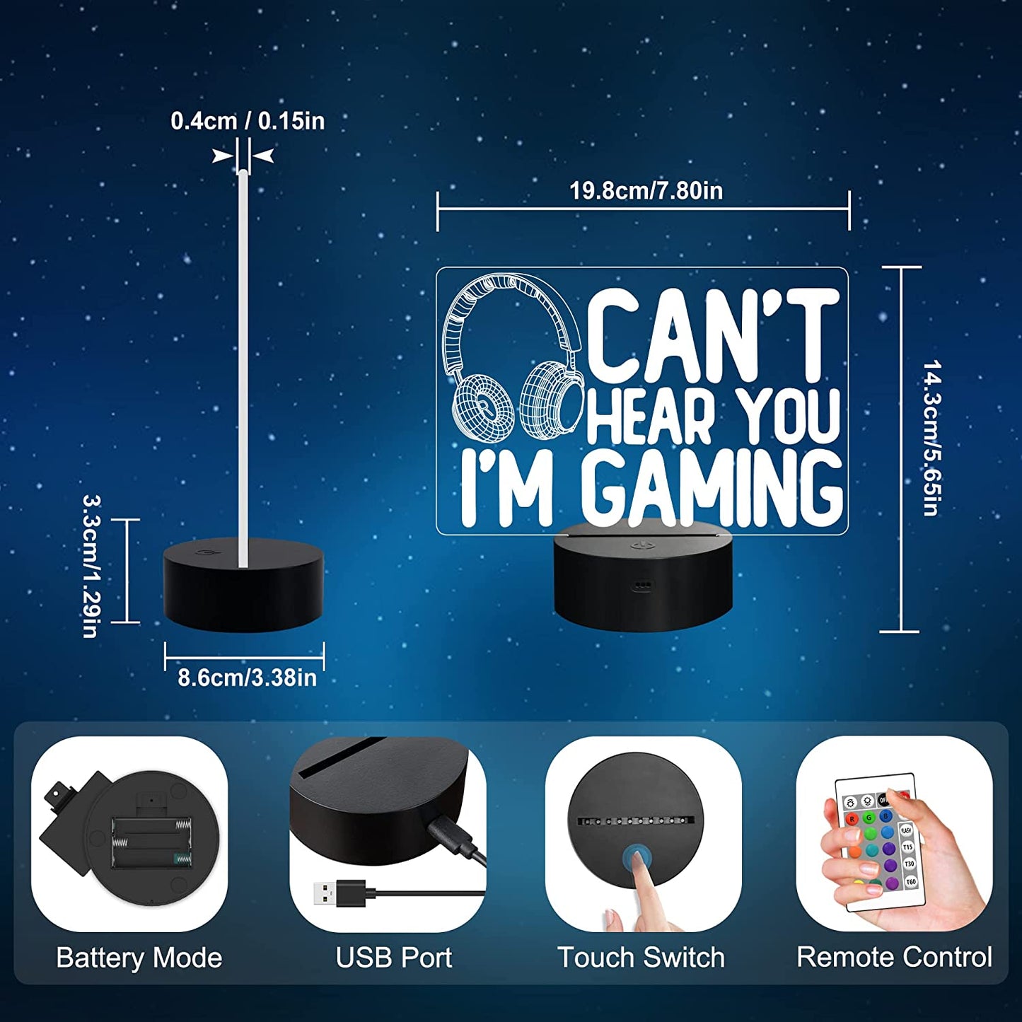 Gaming Night Light with Headset Graphic - 3D Illusion Lamp with 16 Color Options, Touch & Remote Control - Perfect Gift for Gamers, Teens, and Kids