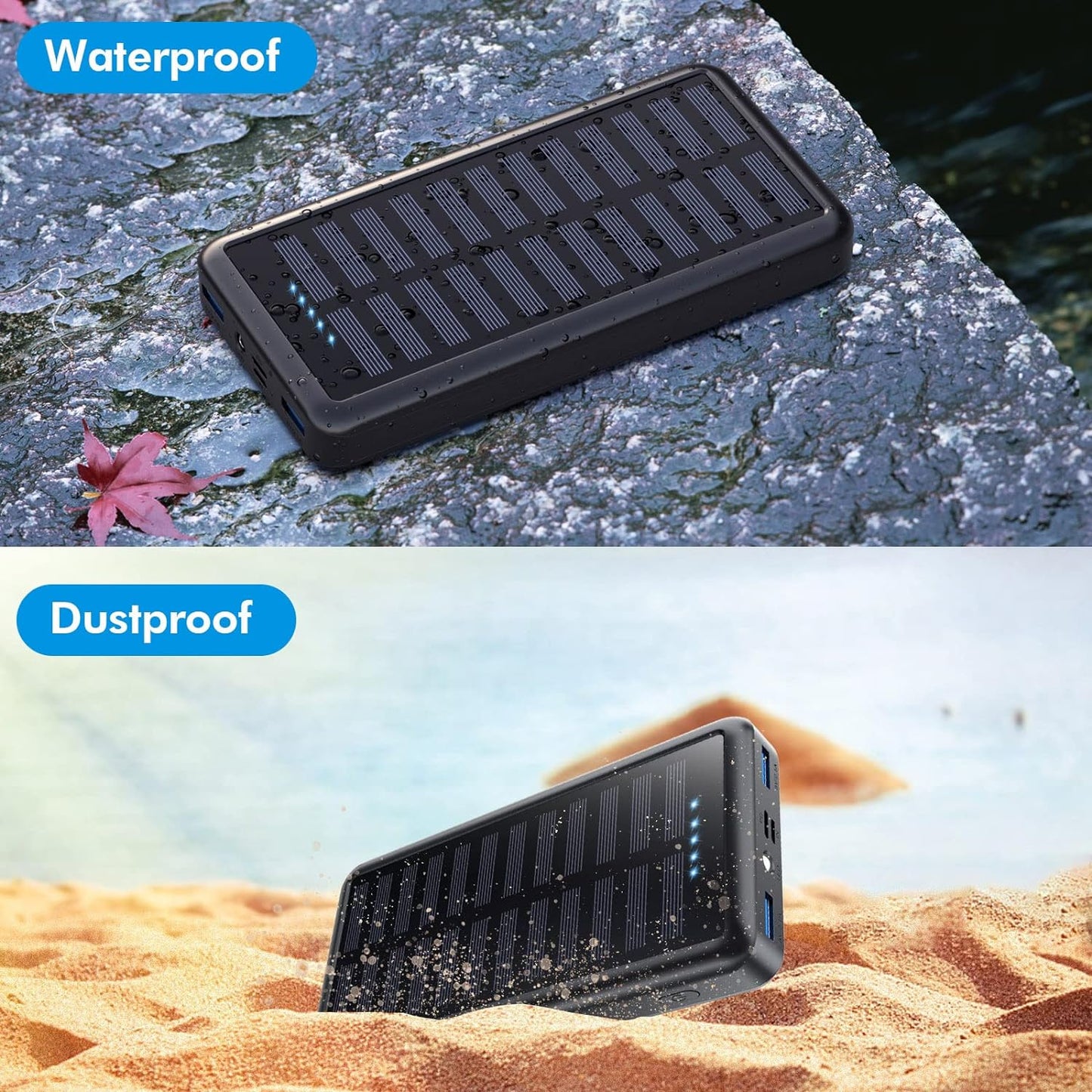 27000mAh Portable Power Bank - PD 3.0 Fast Charging Battery Pack with 3 Outputs, Solar Charging Capability, and LED Flashlight