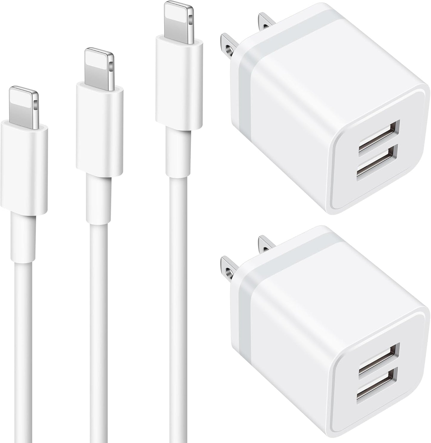 MFi Certified iPhone Charger Bundle: 3FT, 6FT, and 10FT Charging Cables with Dual USB Wall Charger Adapters for iPhone