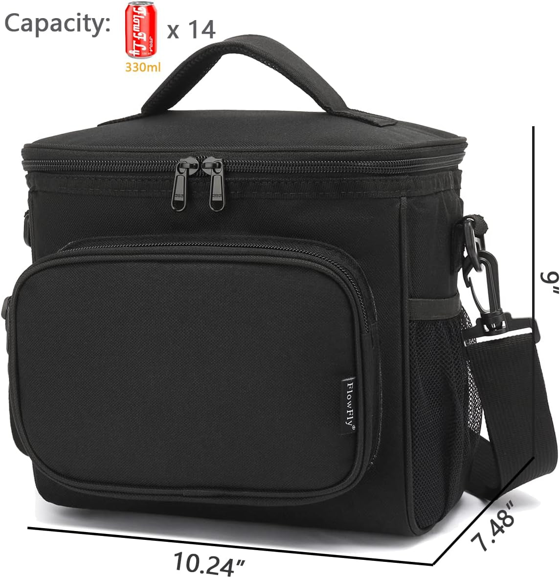 Insulated Lunch Bag for Adults - Spacious Cooler Tote with Adjustable Strap, Front Pocket, and Dual Large Mesh Side Pockets in Black