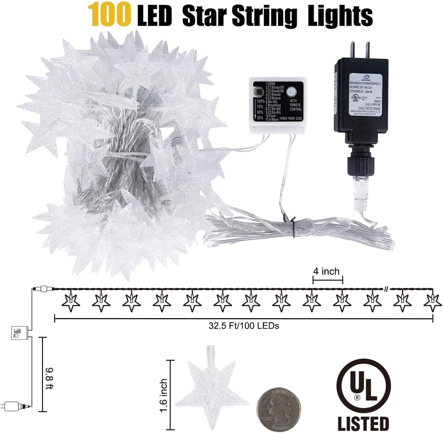 33 Ft 100 LED Warm White Star String Lights with Remote and Timer for Indoor and Outdoor Décor - Ideal for Bedrooms, Porches, Weddings, Parties, Patios, Gardens, and Tents