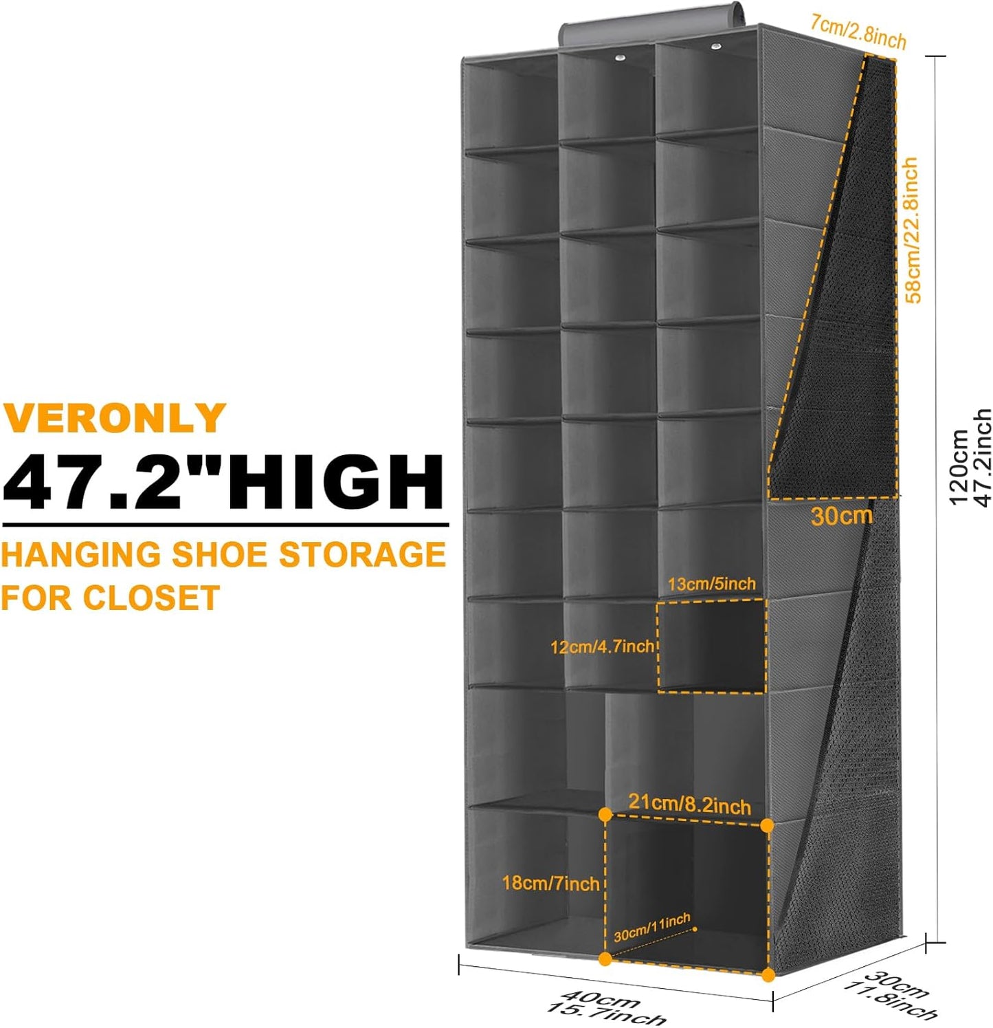 Hanging Shoe Organizer with 25 Sections and 4 Large Side Pockets for Closet Storage - Collapsible Shoe Rack in Gray