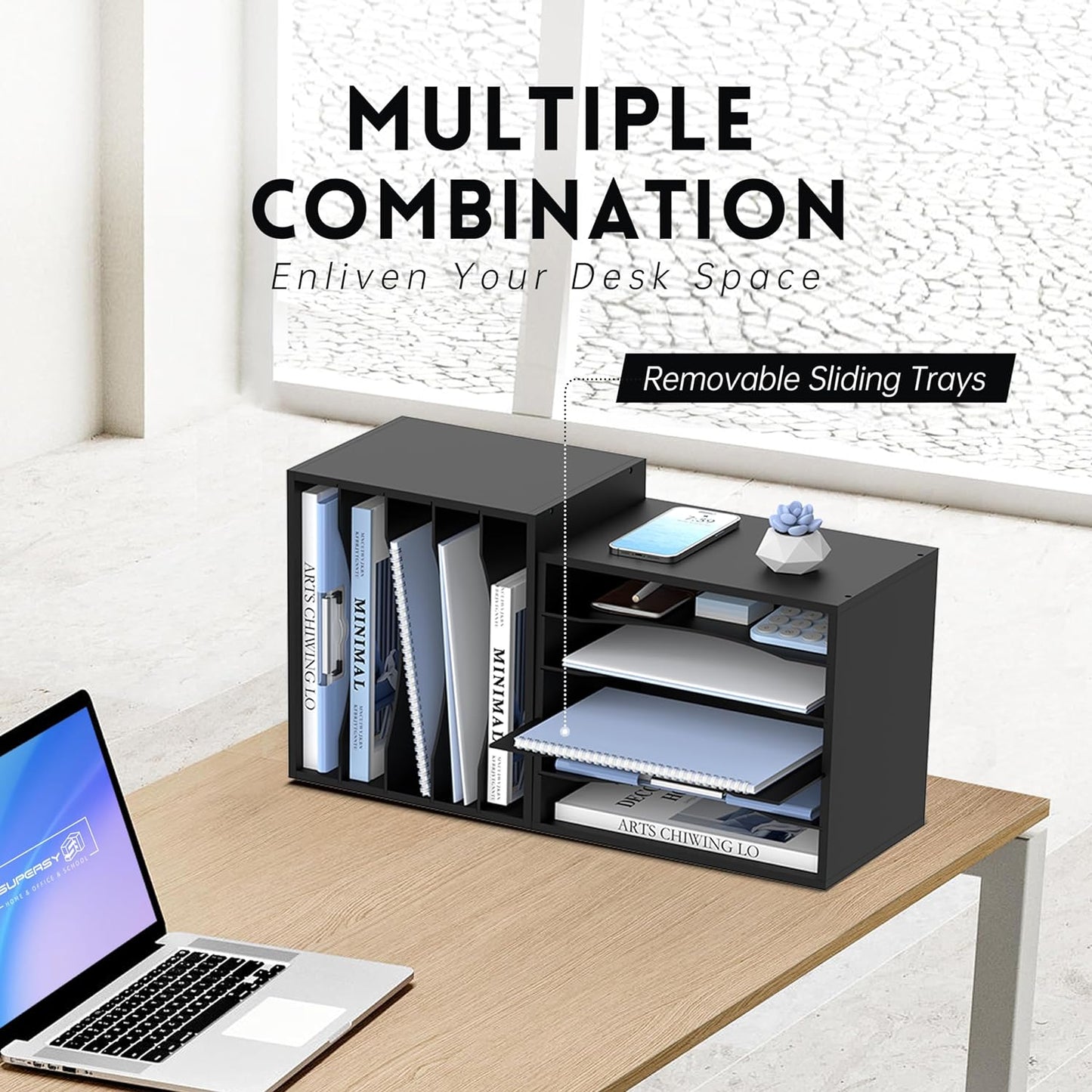 5-Tier Wooden Desk Organizer for Efficient Paper, Literature, and Mail Sorting - Black