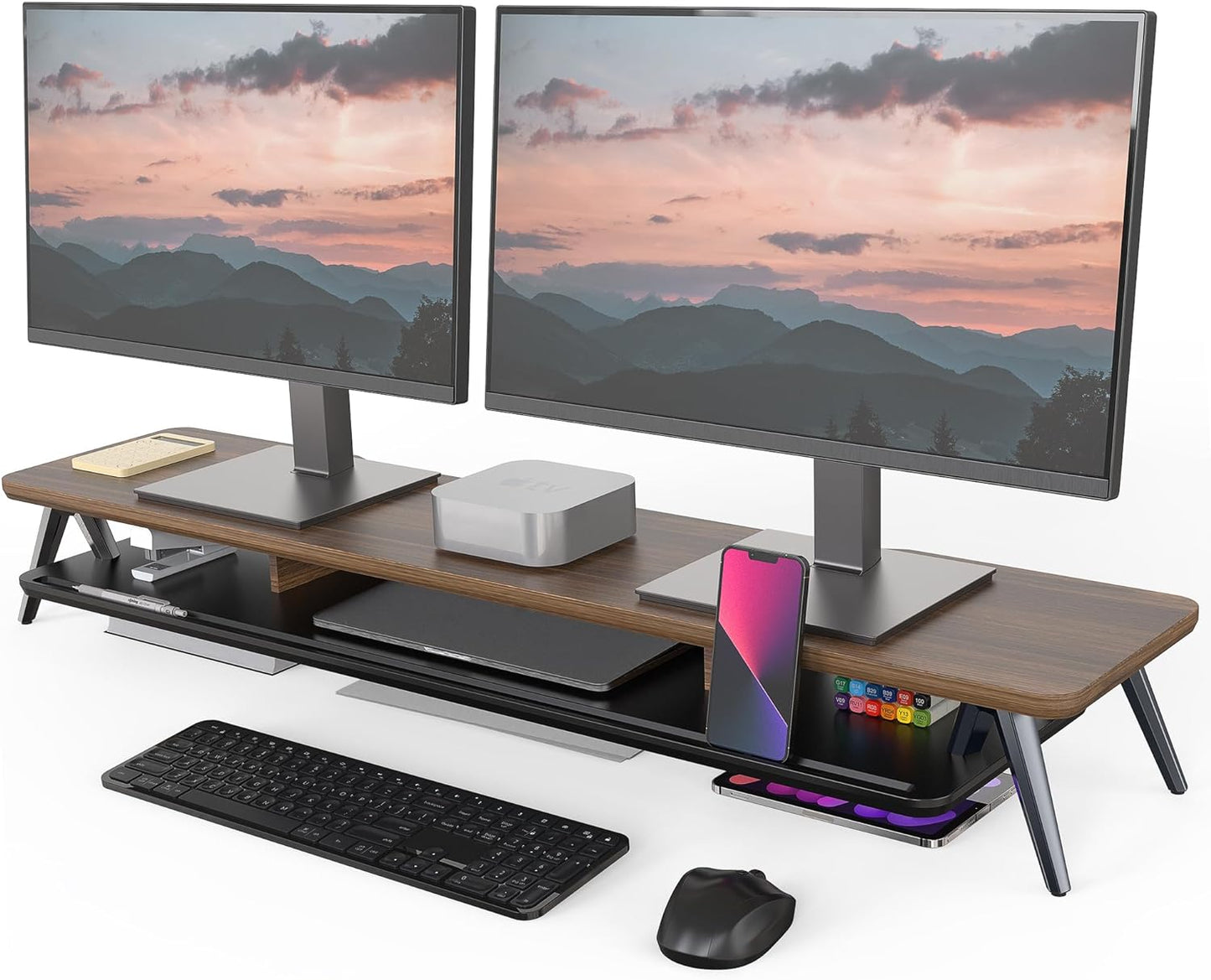 Dual Monitor Stand with Storage Organizer and Cable Management, 42.5-Inch Wooden Desk Shelf for Office Use (White)
