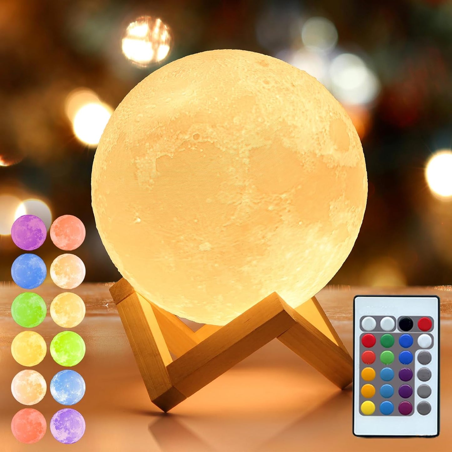 Moon Lamp-Home Décor, Mothers Day Gift with Brightness Control, Gift for Women, LED Night Light, Bedroom, Living Room, Kids Birthday Gift, Ceramic Hand Base, 3.5", White & Yellow