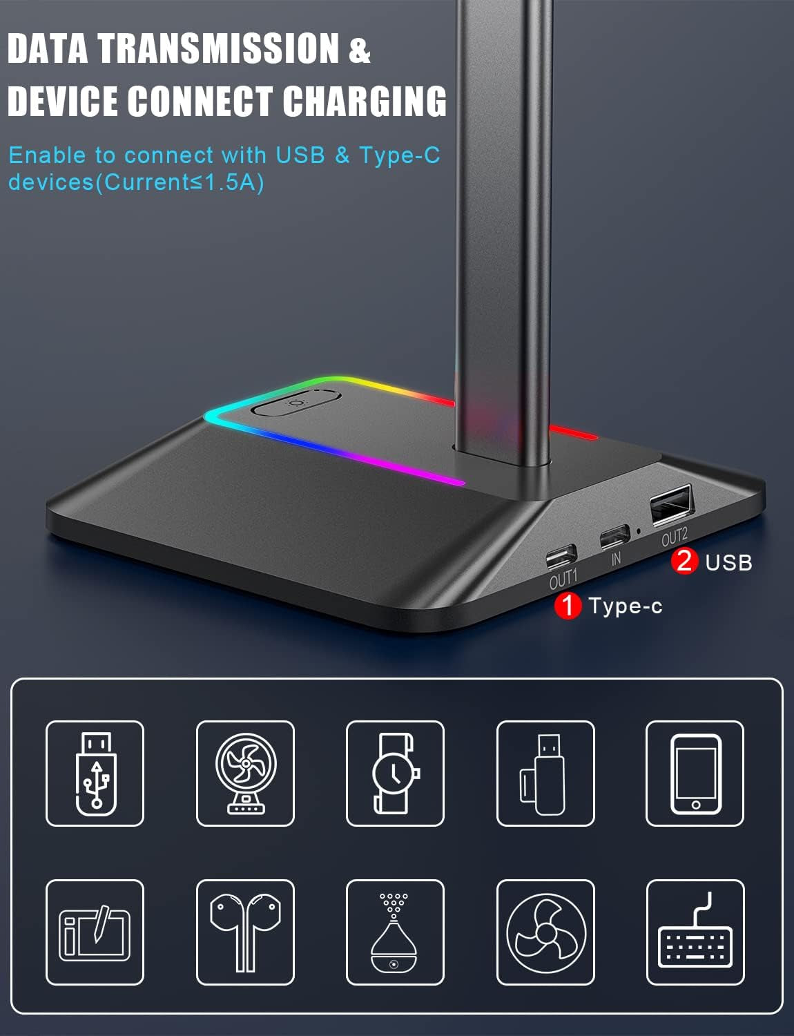 RGB Headphone Stand with Dual USB Charging Ports and 7 Lighting Modes for Gaming Headsets and Earphone Accessories