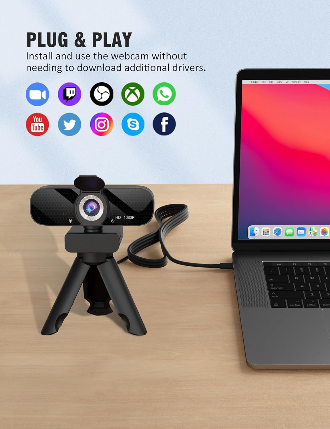 Full HD 1080P Webcam - Wide Angle Lens, Integrated Microphone, Adjustable Tripod - Laptop Desktop - Live Streaming, Video Conferencing (Black)