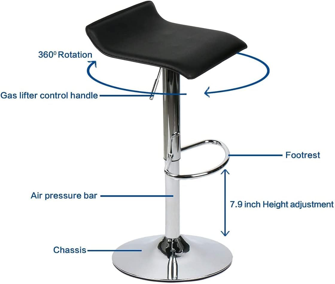 Set of 2 Adjustable Height Swivel Bar Stools in Black Bonded Leather with Low Backrest and Stable Footrest