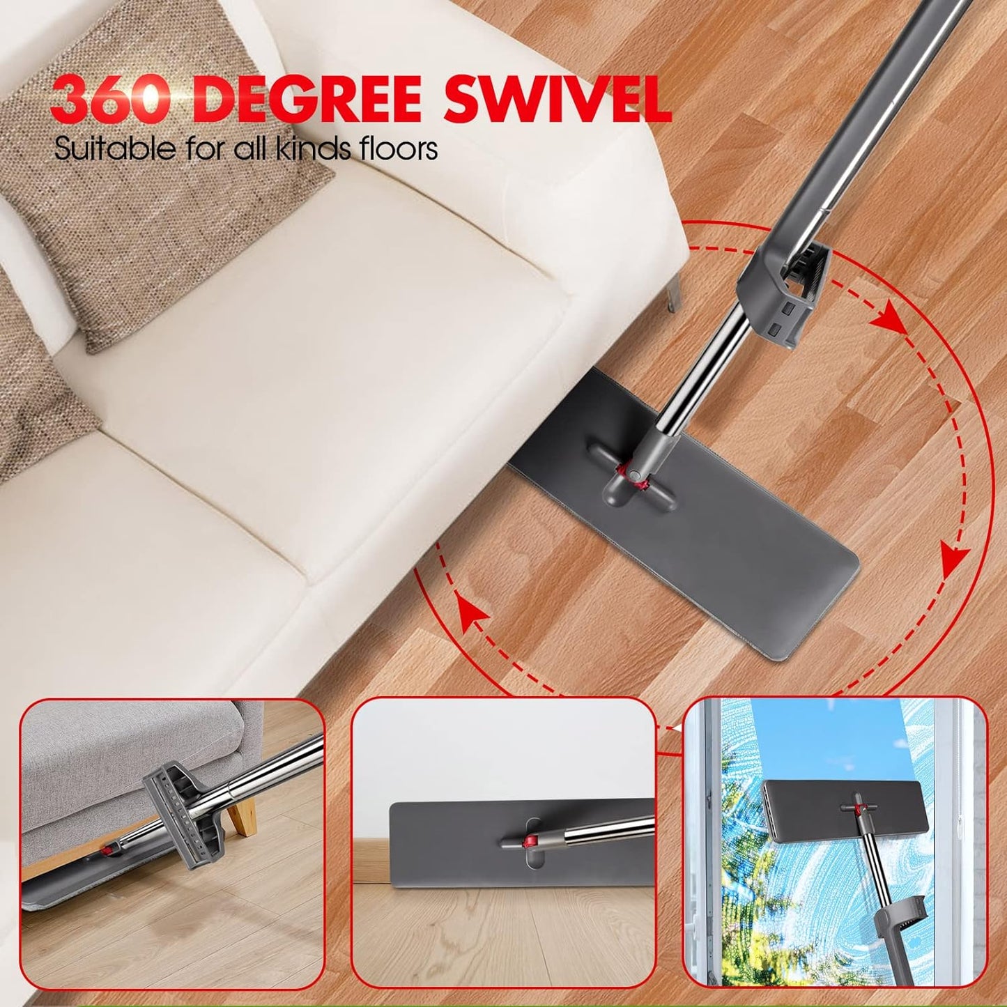 Self-Wringing Microfiber Flat Mop with 6 Washable Pads - Hands-Free Cleaning Solution for Hardwood, Laminate, and Tile Floors - Grey