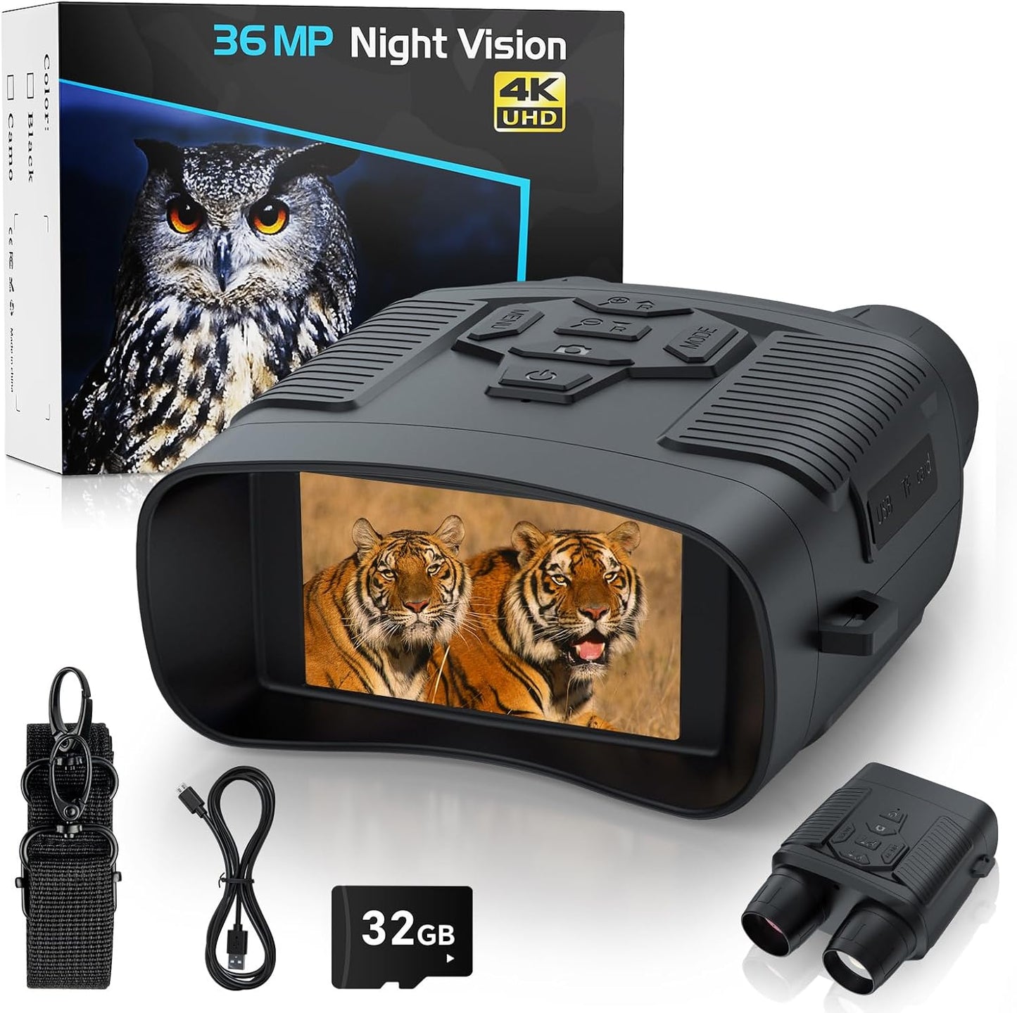 4K Infrared Night Vision Binoculars with 3'' Display, 8X Digital Zoom, and 32GB Storage Card for Camping, Hunting, and Security Use