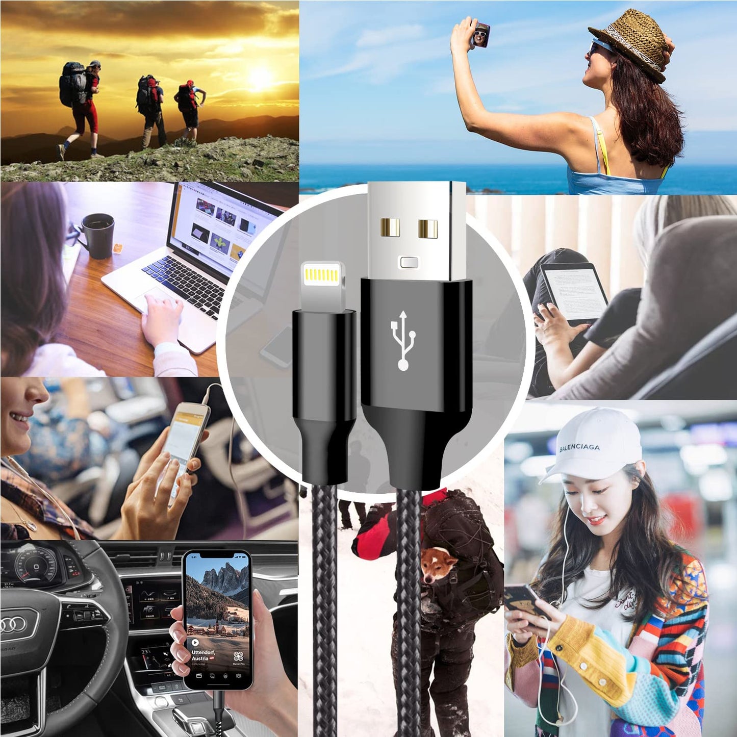 Apple MFi Certified USB Lightning Cable - 5 Pack (3FT, 3FT, 6FT, 6FT, 10FT) Nylon Braided Fast Charging Cords for iPhone 14/13/12/11/X/Max/8/7/6/5/SE/Plus/iPad - Black