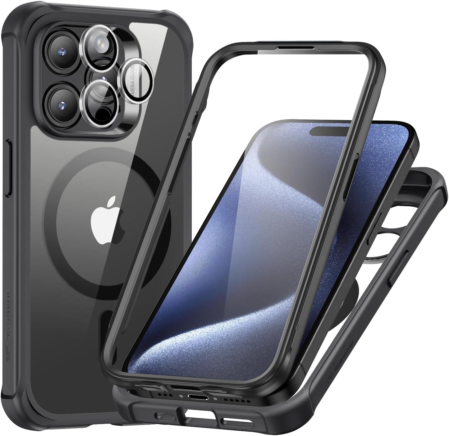 iPhone 15 Pro Max Armor Series Case: Full-Body Shockproof MagSafe Protection with Built-In Stash Stand and Individual Lens Protectors - Black