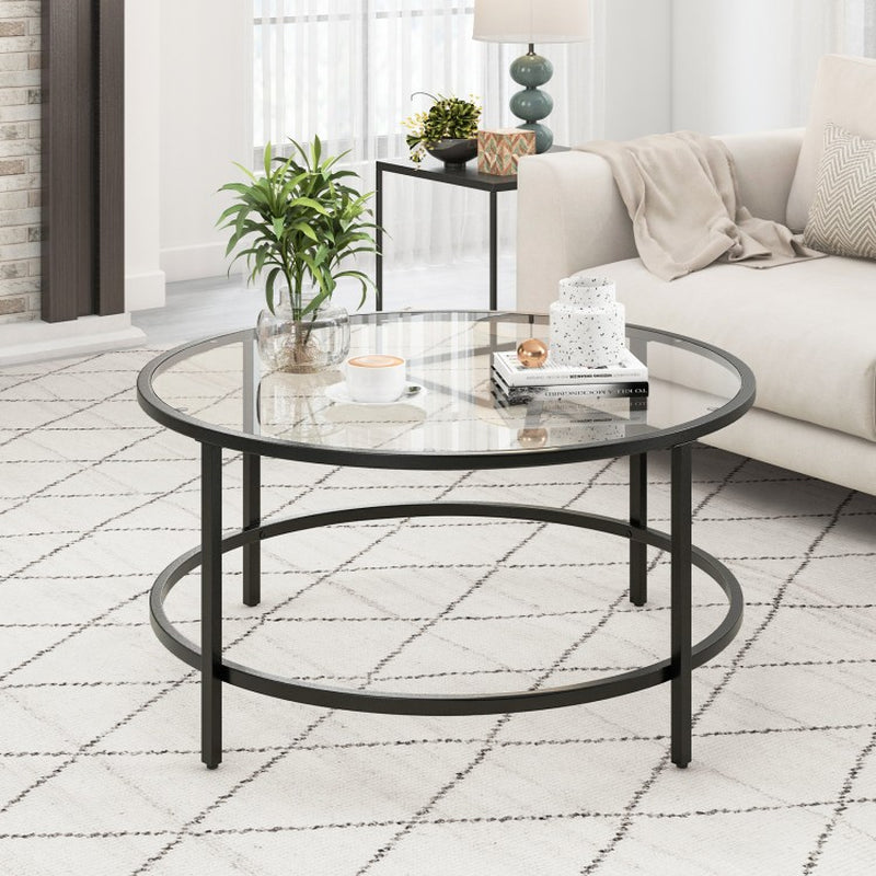 35.5-Inch Round Coffee Table with Tempered Glass Top