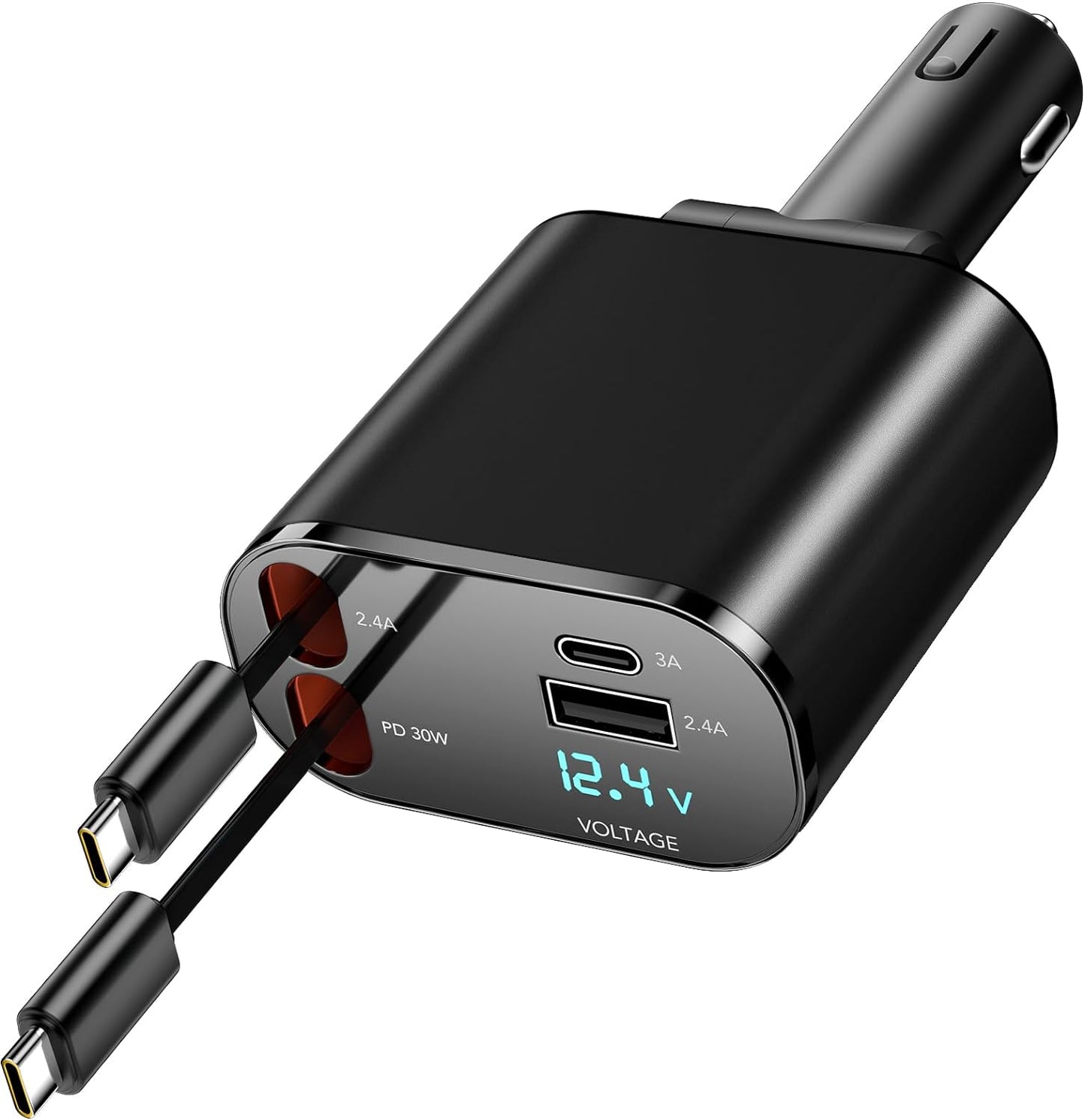 Retractable 4-in-1 Fast Charging Car Charger - 60W with Retractable Cable and Dual USB Ports