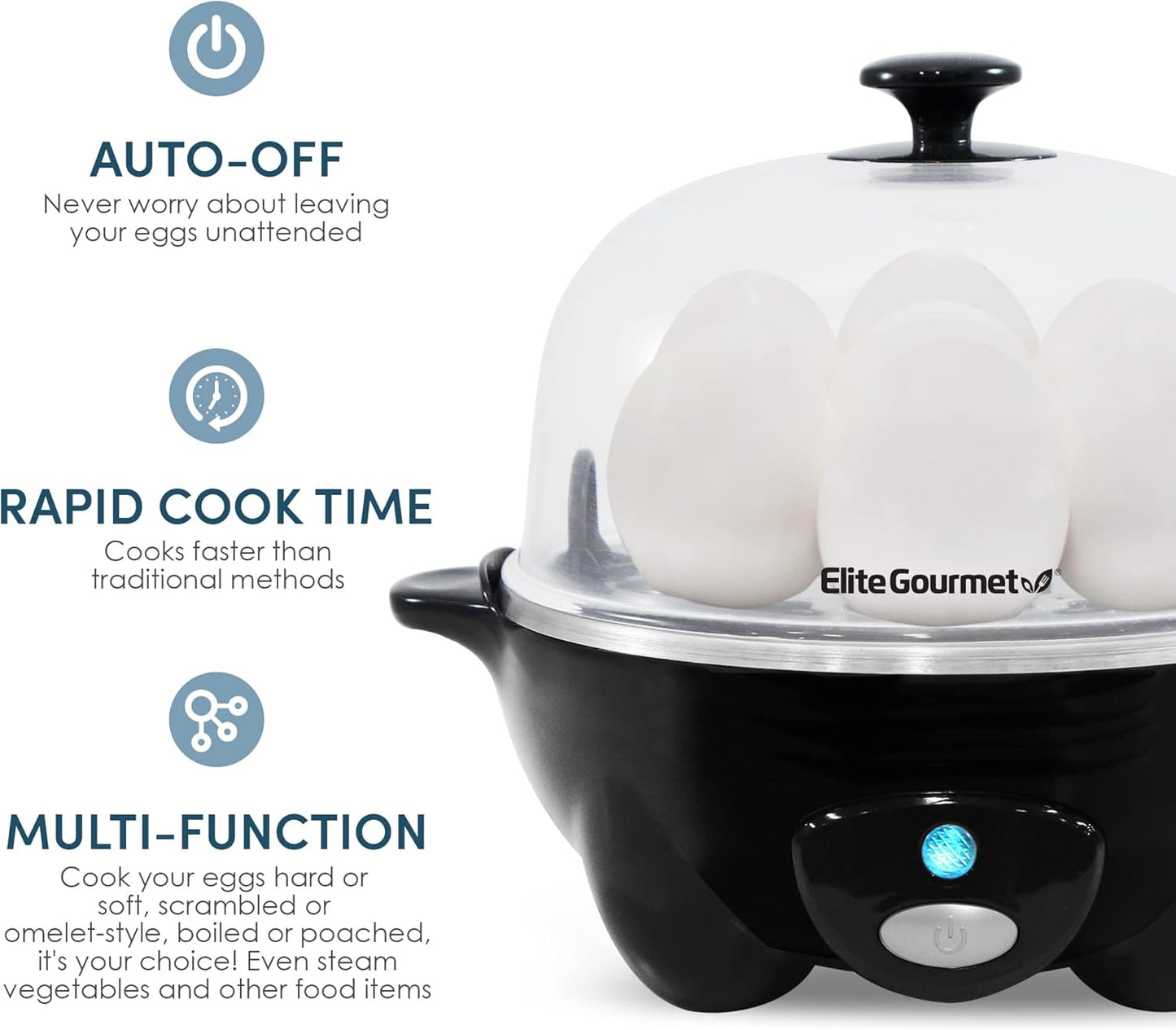 EGC-007B Rapid Egg Cooker - Prepare 7 Easy-to-Peel Hard, Medium, and Soft Boiled Eggs, Poached Eggs, and Omelets with Auto Shut-Off, Alarm Feature, and Included 16-Recipe Booklet, BPA-Free, Black