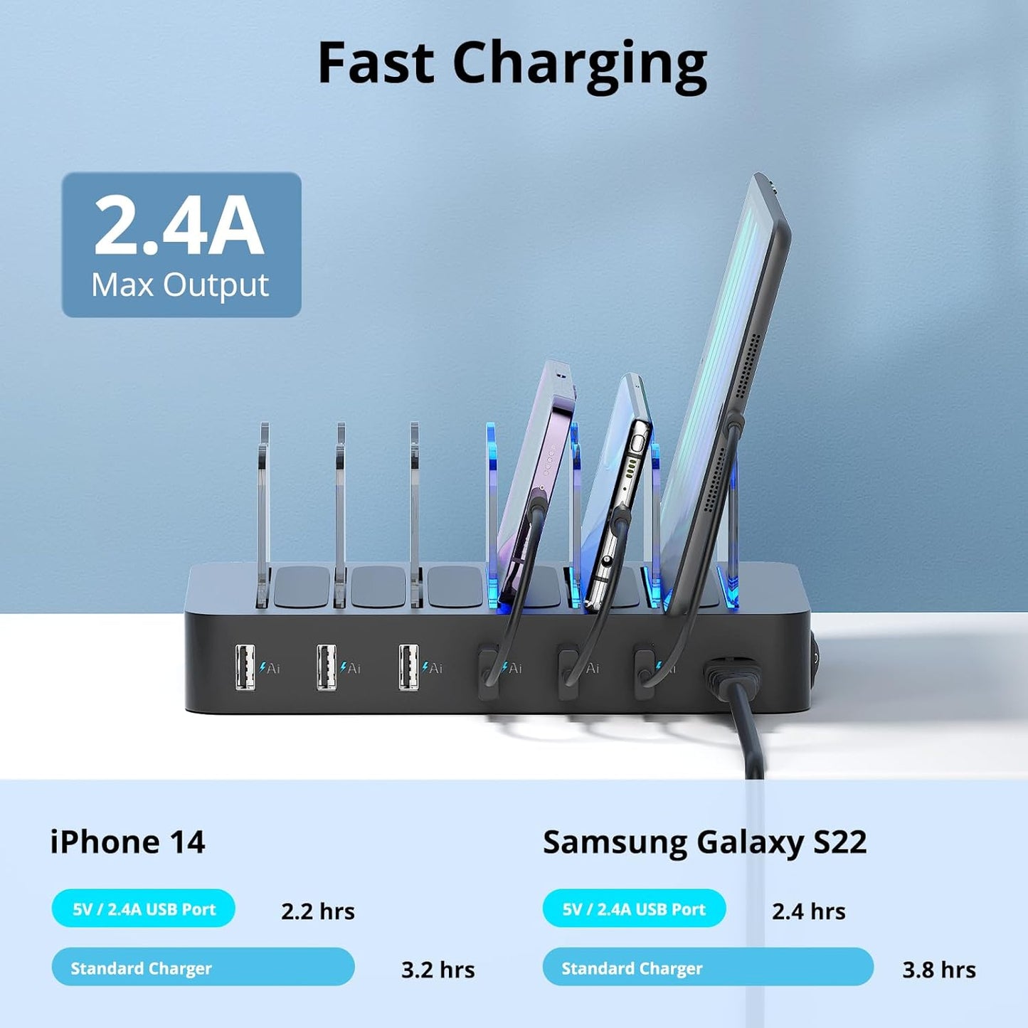 6-Port USB Charging Station with Detachable Docking Station for Smartphones and Tablets, Includes 6 Mixed Cables