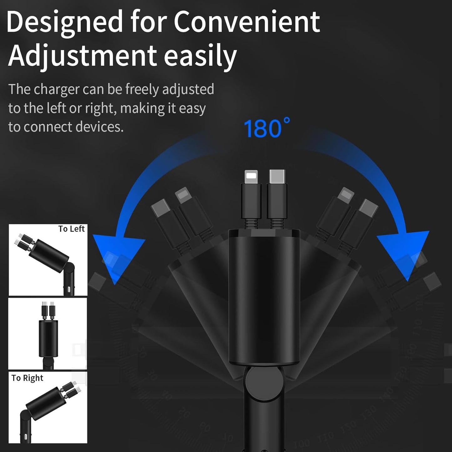 Retractable 4-in-1 Fast Charging Car Charger - 60W with Retractable Cable and Dual USB Ports